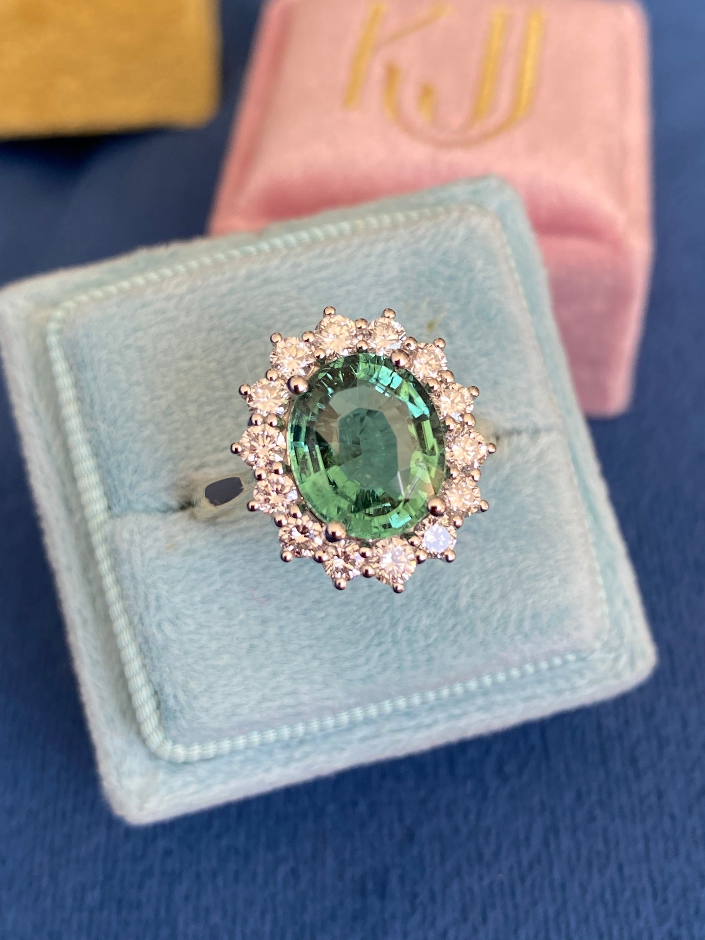 3.06 Carat Blue Tourmaline and Natural Diamond Halo Ring in Platinum and 18ct Yellow Gold
