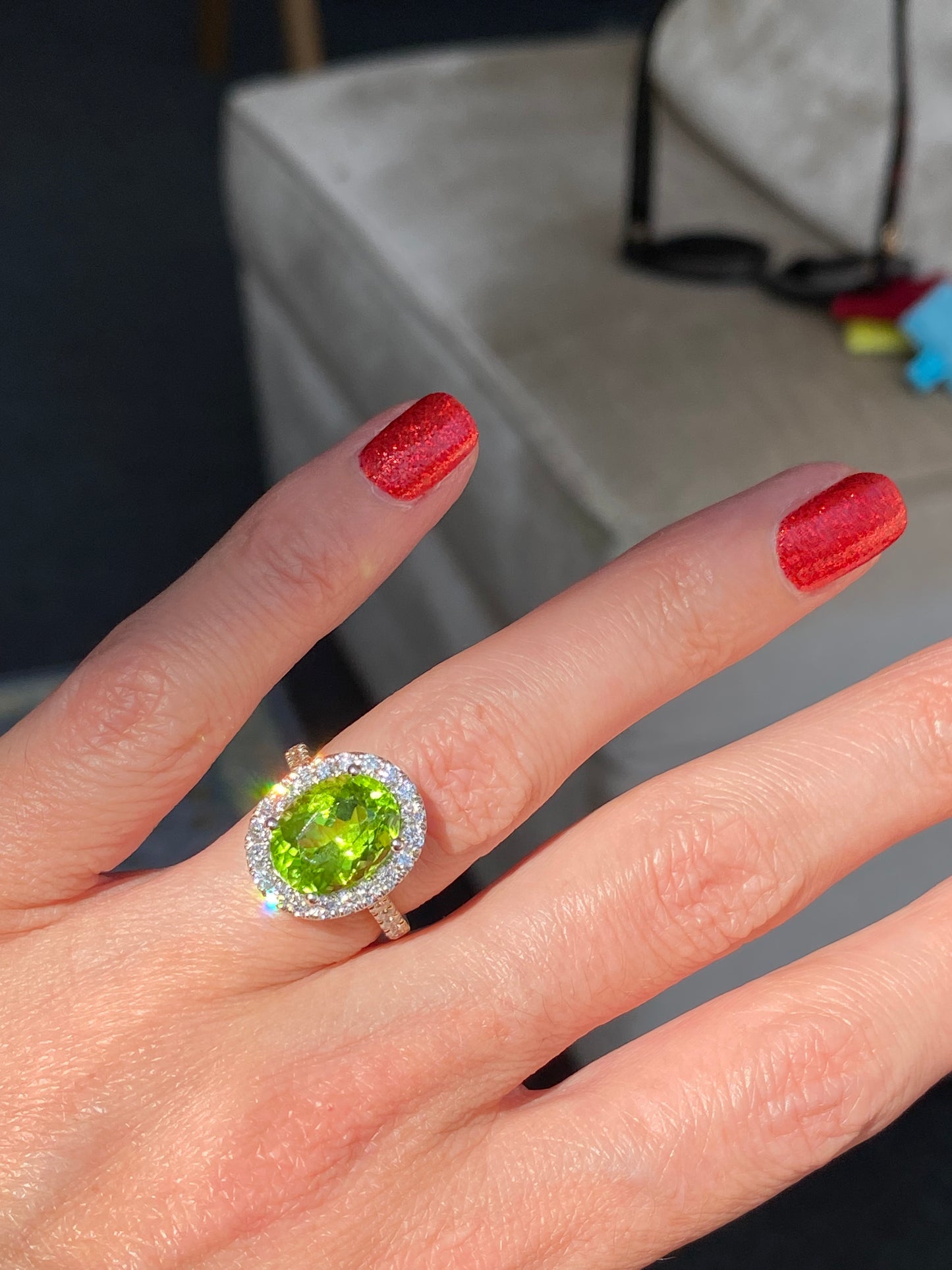 5.22 Carat Peridot and 0.97ctw Natural Diamond Ring in Platinum and 18ct Yellow Gold