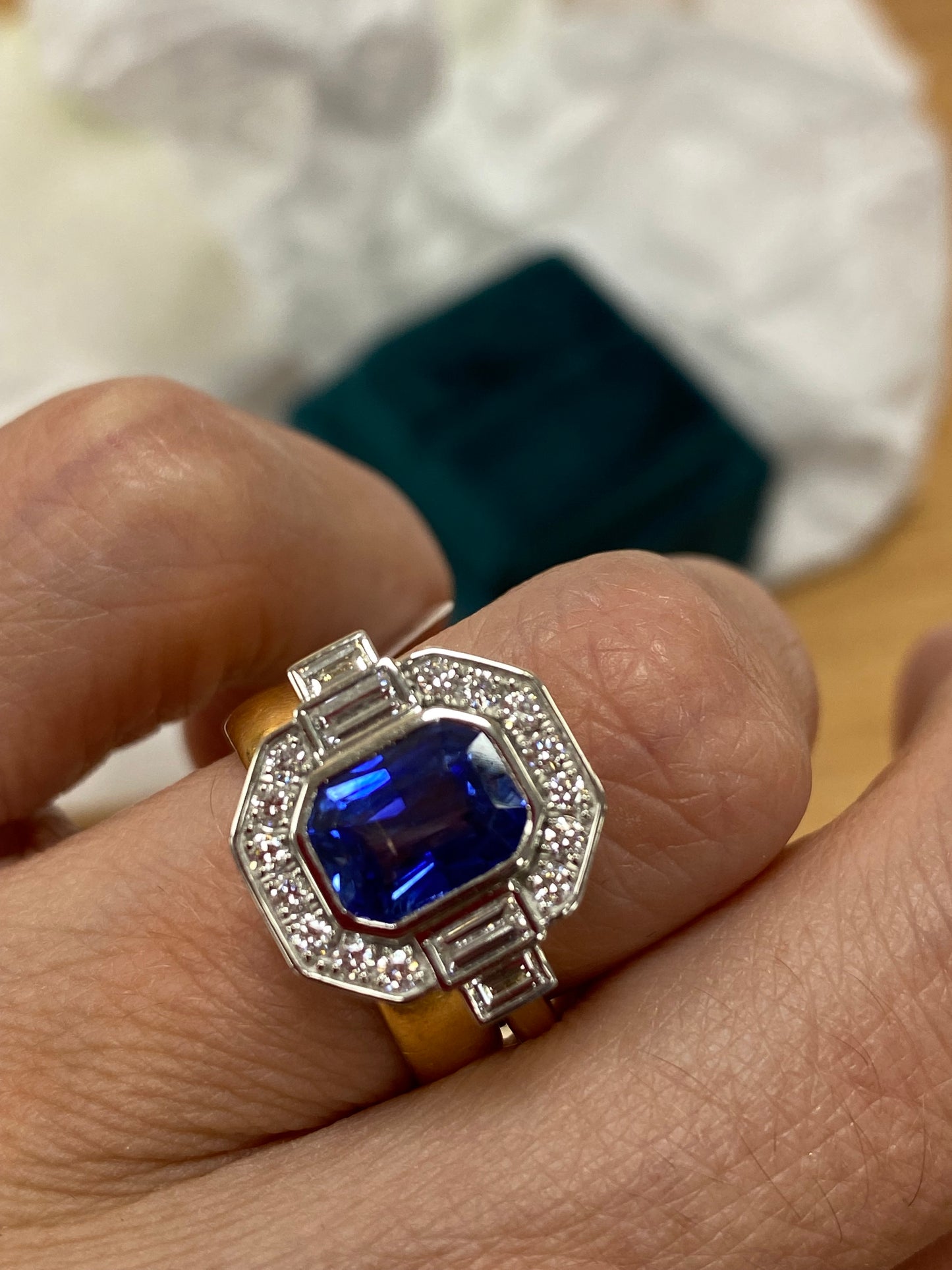 2.06 Carat Emerald Cut Sapphire and Natural Diamond Halo Ring in Platinum and 18ct Yellow Gold