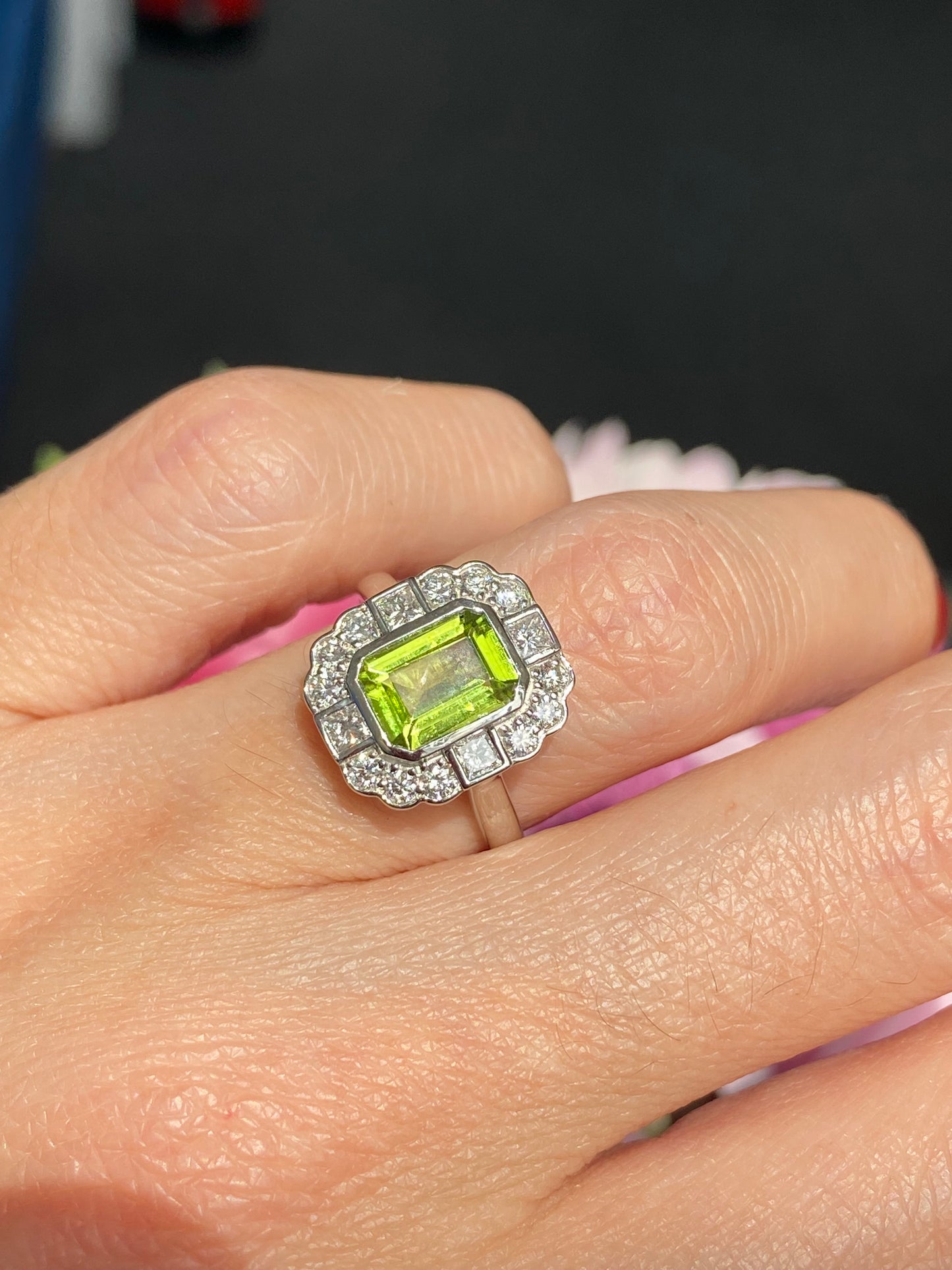 1.32 Carat Peridot and Natural Diamond Ring in Platinum