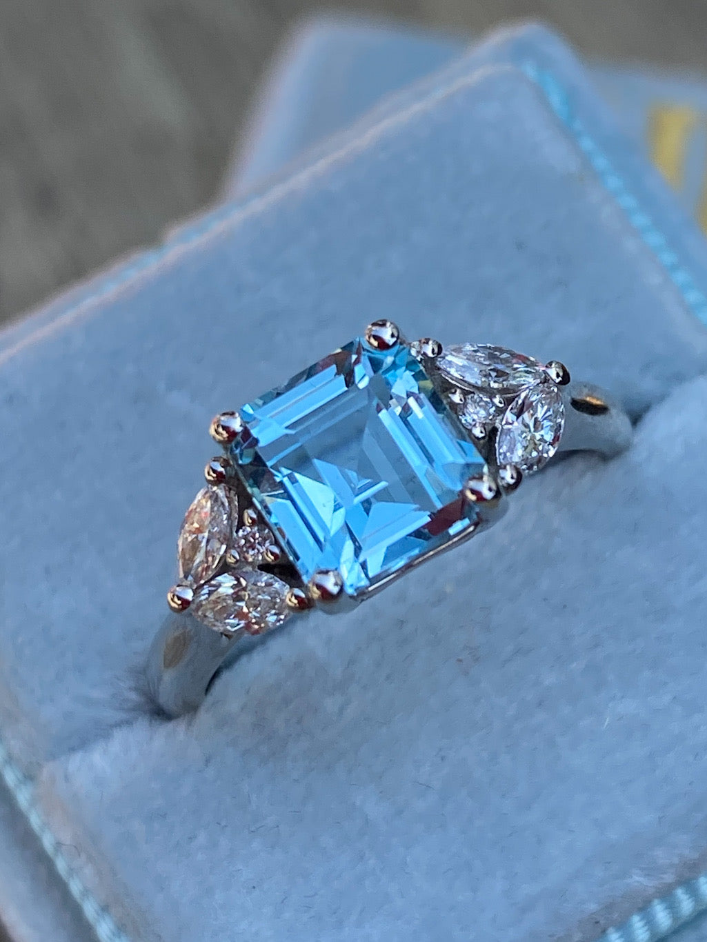 Carat Aquamarine and Natural Diamond Three-Stone Ring in Platinum