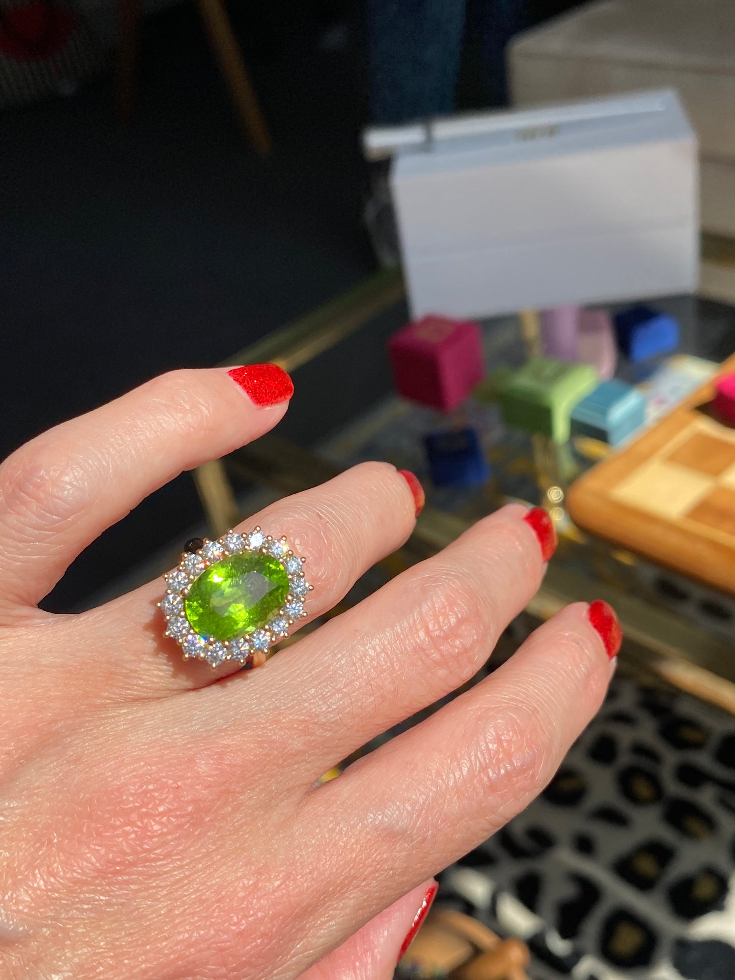6.27 Carat Peridot and 1.28ctw Natural Diamond Ring in 18ct Yellow Gold