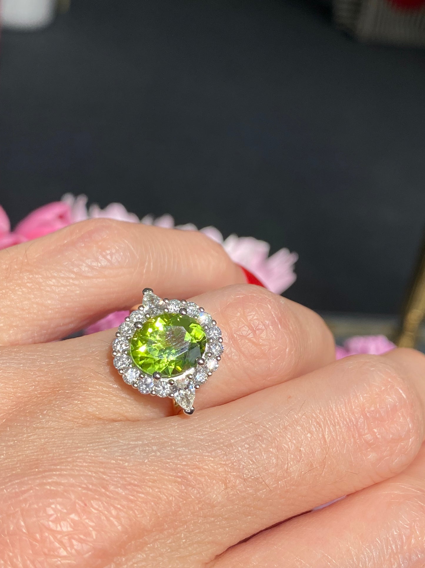 2.96 Carat Peridot and Natural Diamond Halo Ring in 18ct Yellow Gold