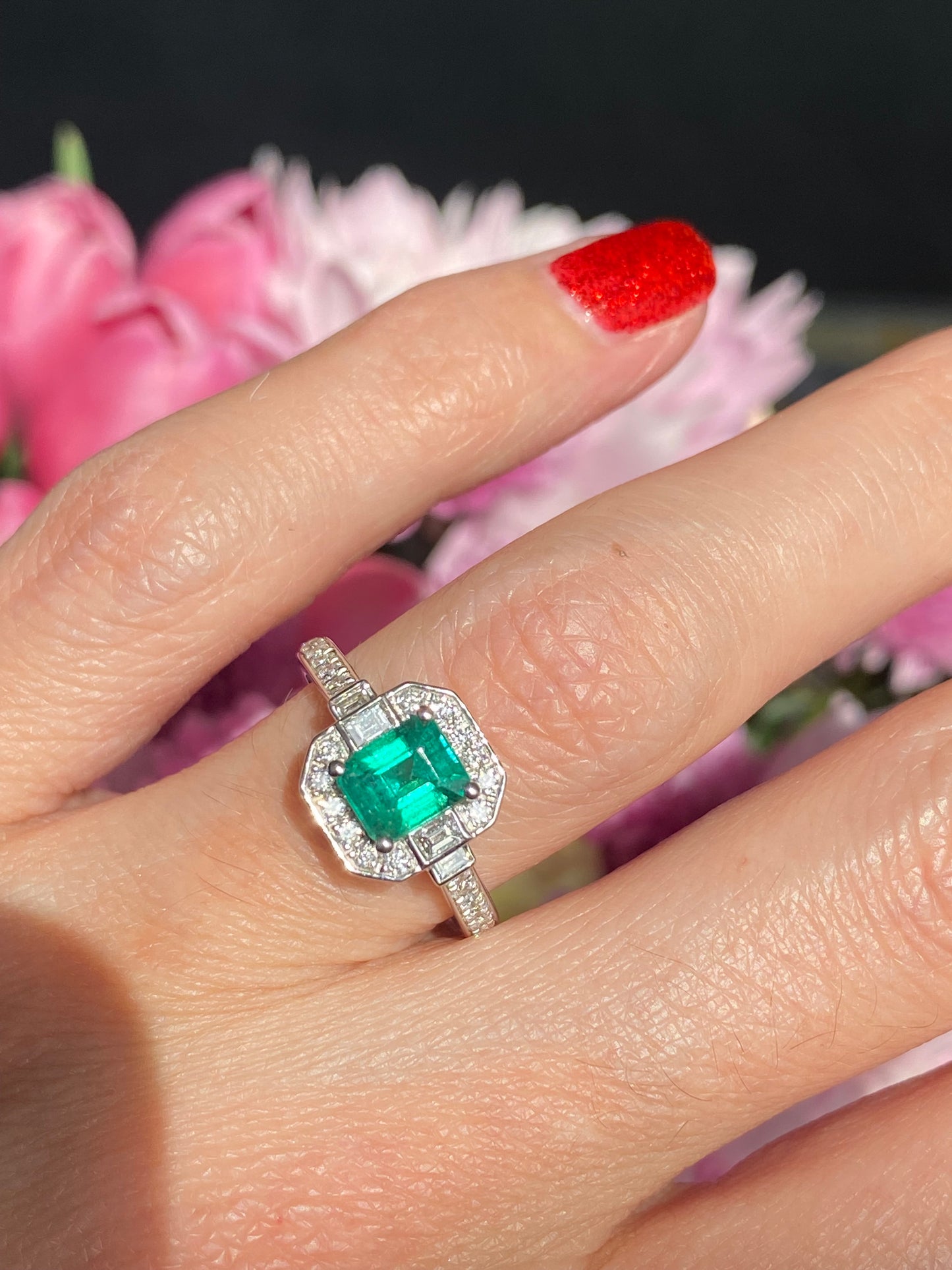 0.87 Carat Colombian Emerald and 0.46 ctw Natural Diamond Ring in Platinum