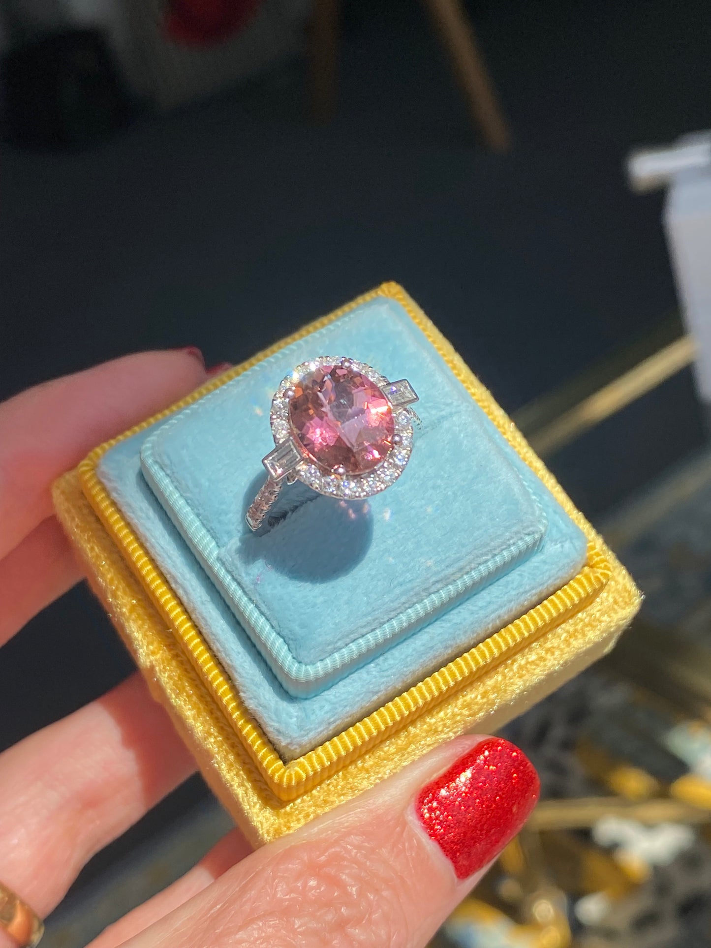 3.47 Carat Chequerboard Cut Pink Tourmaline and Natural Diamond Ring in Platinum
