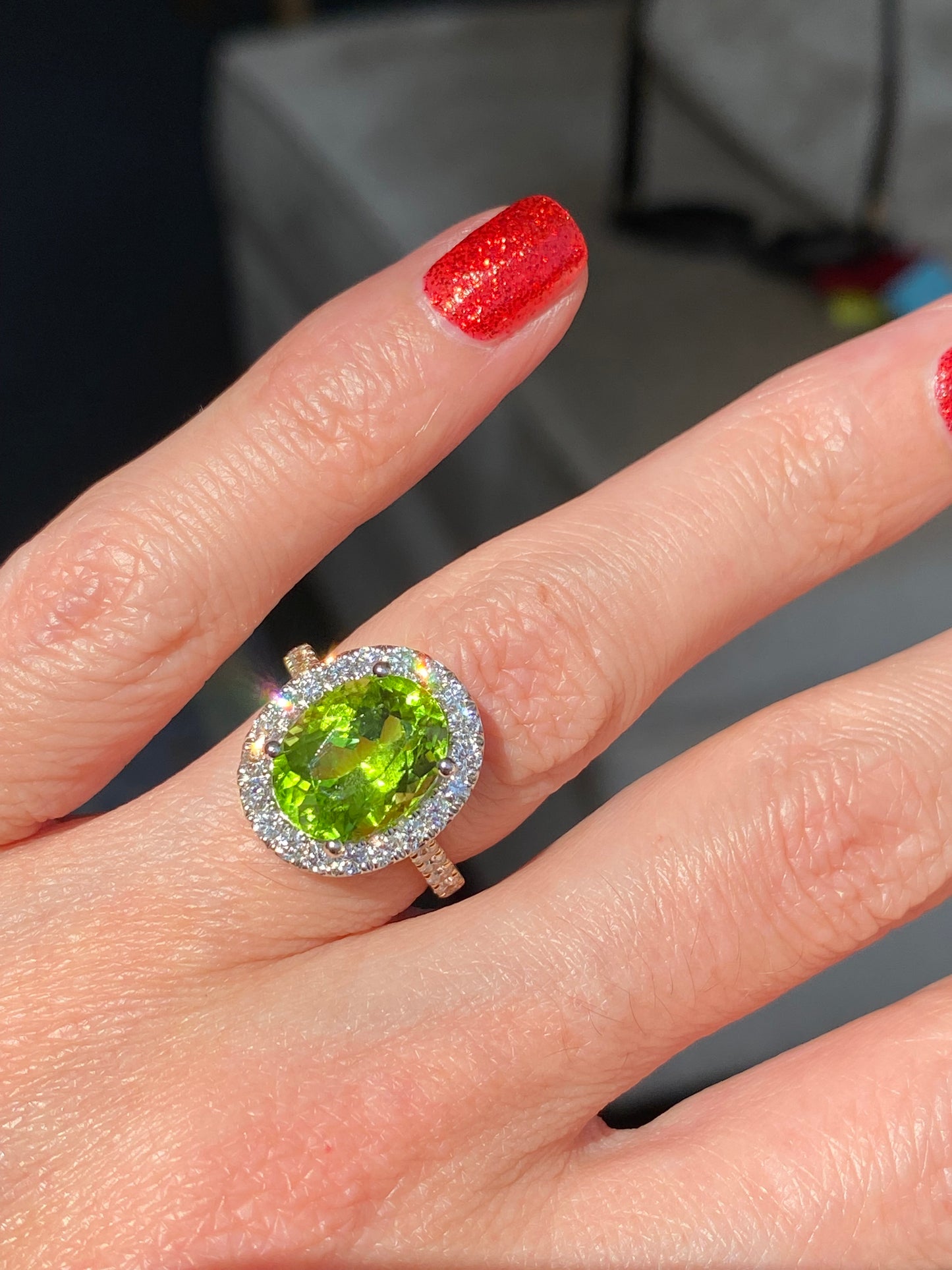 5.22 Carat Peridot and 0.97ctw Natural Diamond Ring in Platinum and 18ct Yellow Gold
