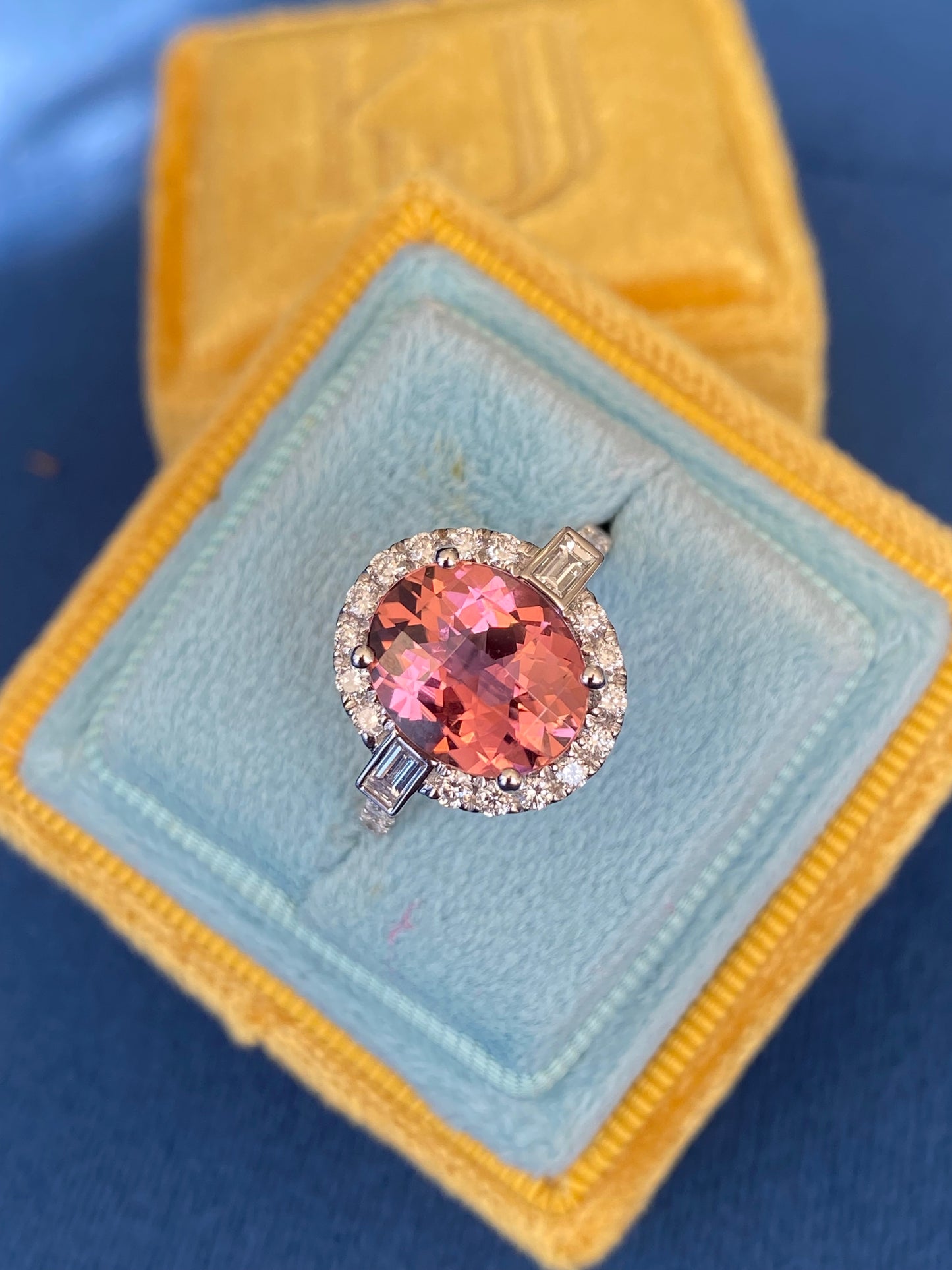 3.47 Carat Chequerboard Cut Pink Tourmaline and Natural Diamond Ring in Platinum