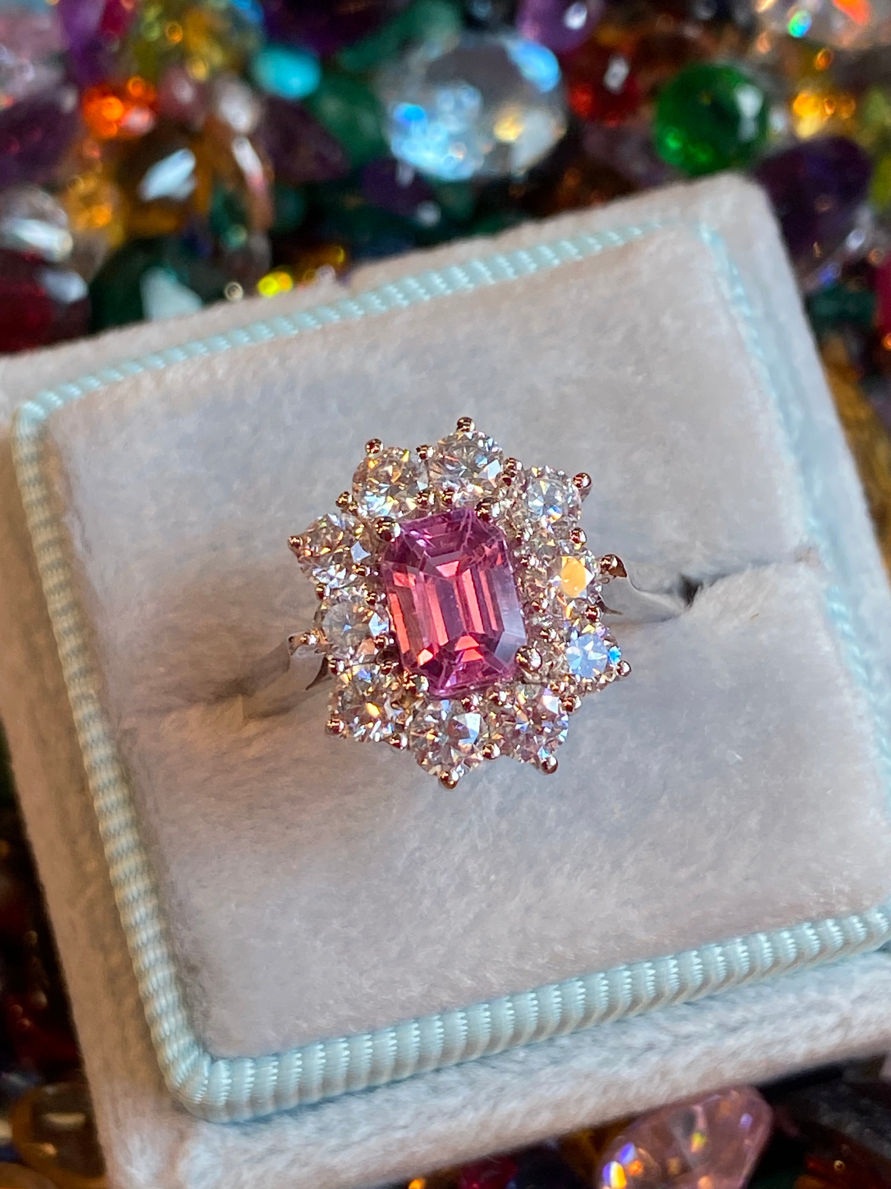 2.33 CTW Emerald Cut Pink Sapphire and Natural Diamond Halo Ring in Platinum