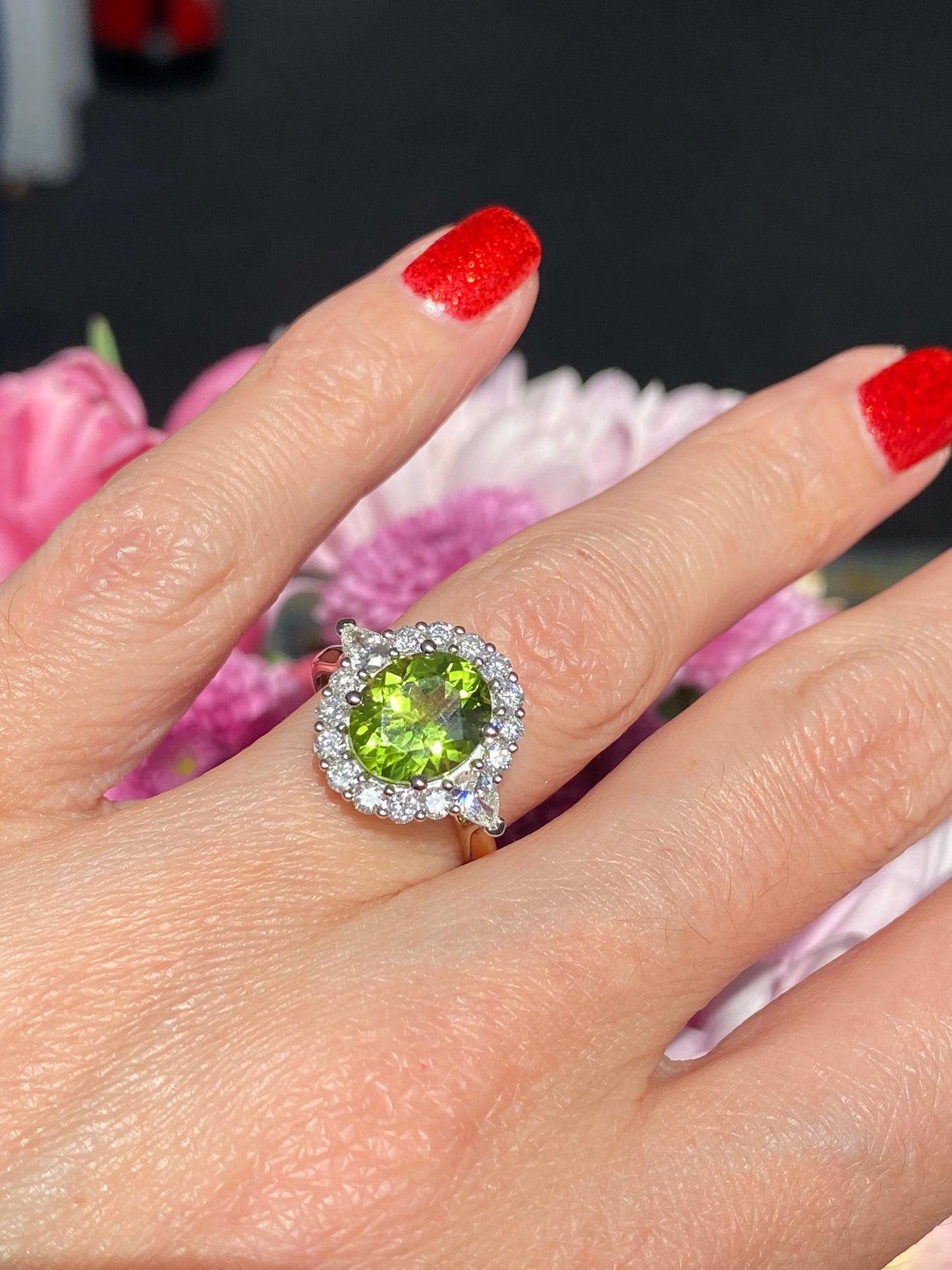 2.96 Carat Peridot and Natural Diamond Halo Ring in 18ct Yellow Gold
