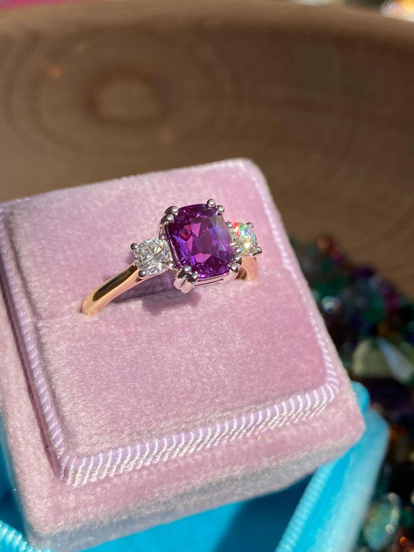 2.16 Carat Purple Sapphire and 0.38ctw Natural Diamond Three Stone Ring in Platinum and 18ct Gold