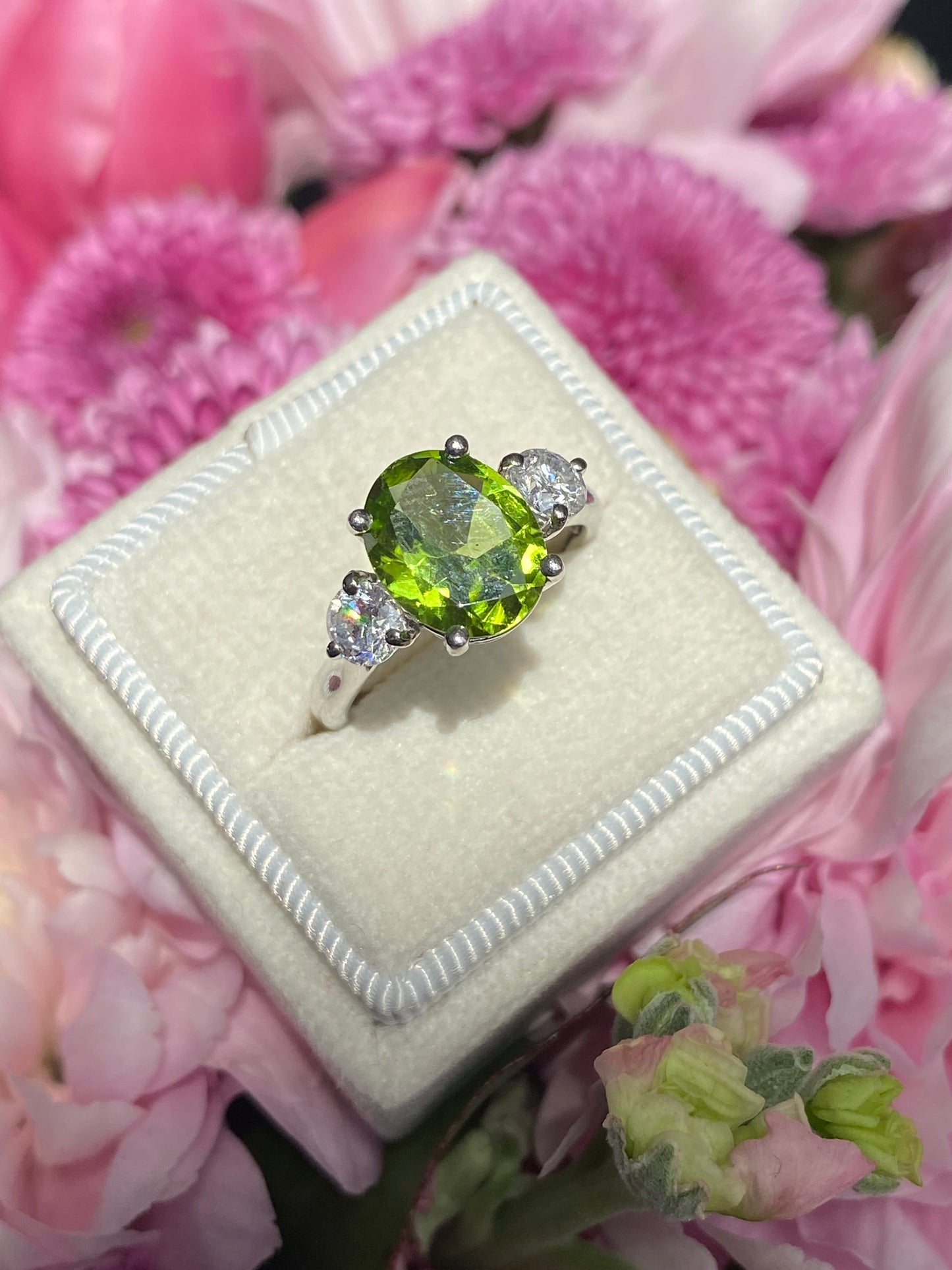 2.61 Carat Peridot and Natural Diamond Three Stone Ring