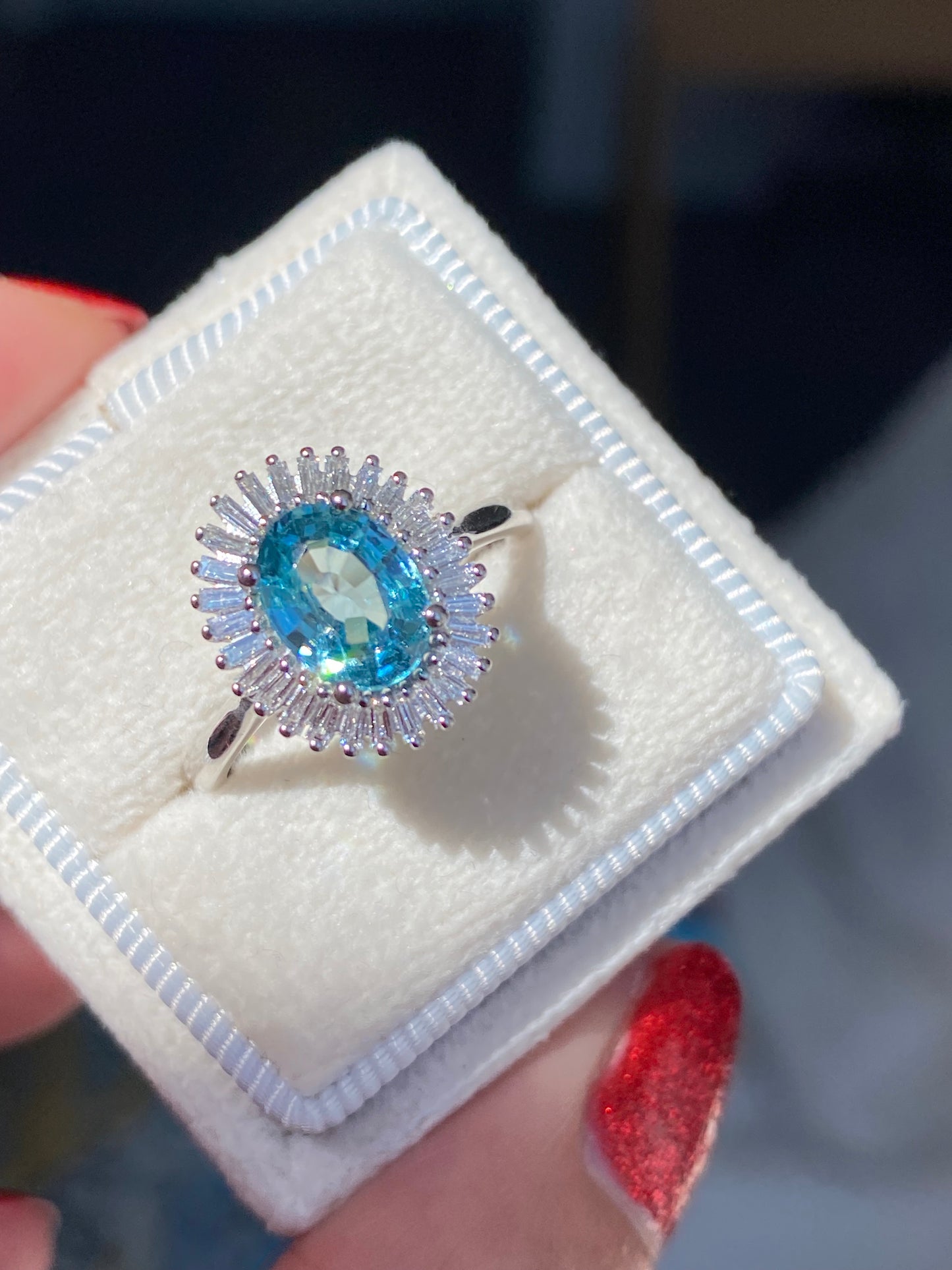 1.70 Carat Blue Zircon and Natural Diamond Starburst Halo Ring in Platinum