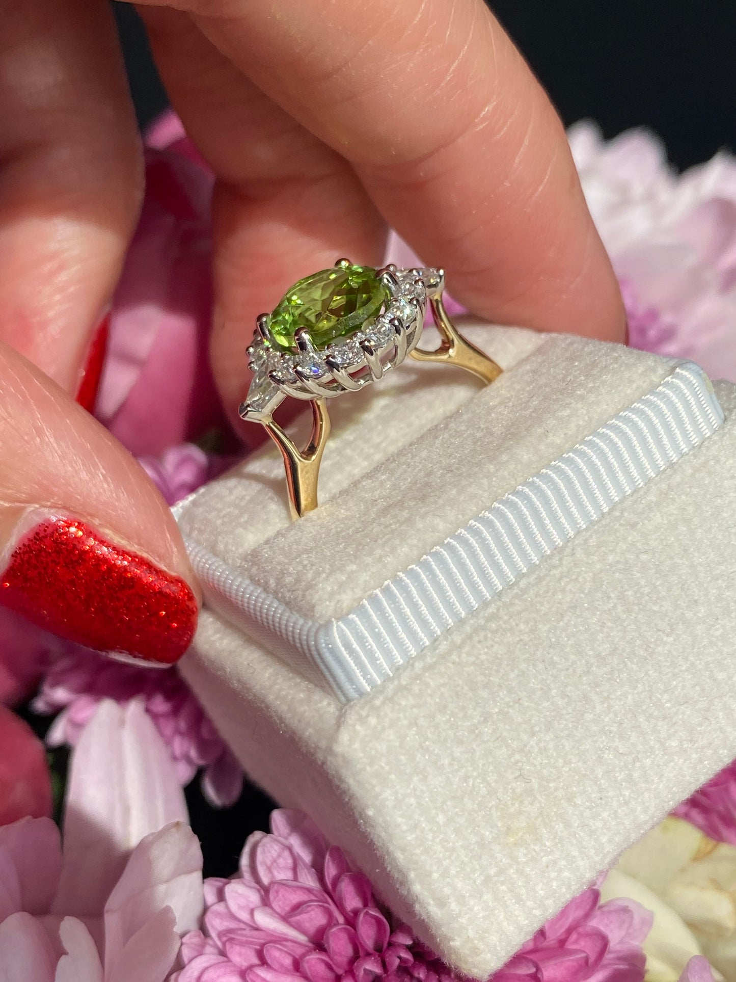2.96 Carat Peridot and Natural Diamond Halo Ring in 18ct Yellow Gold