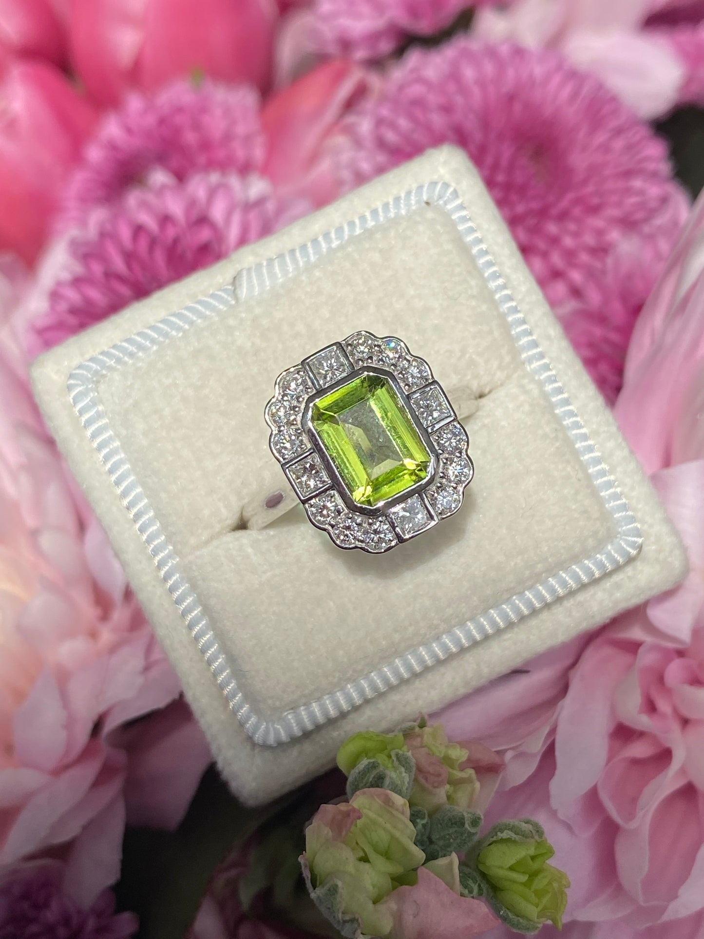 1.32 Carat Peridot and Natural Diamond Ring in Platinum
