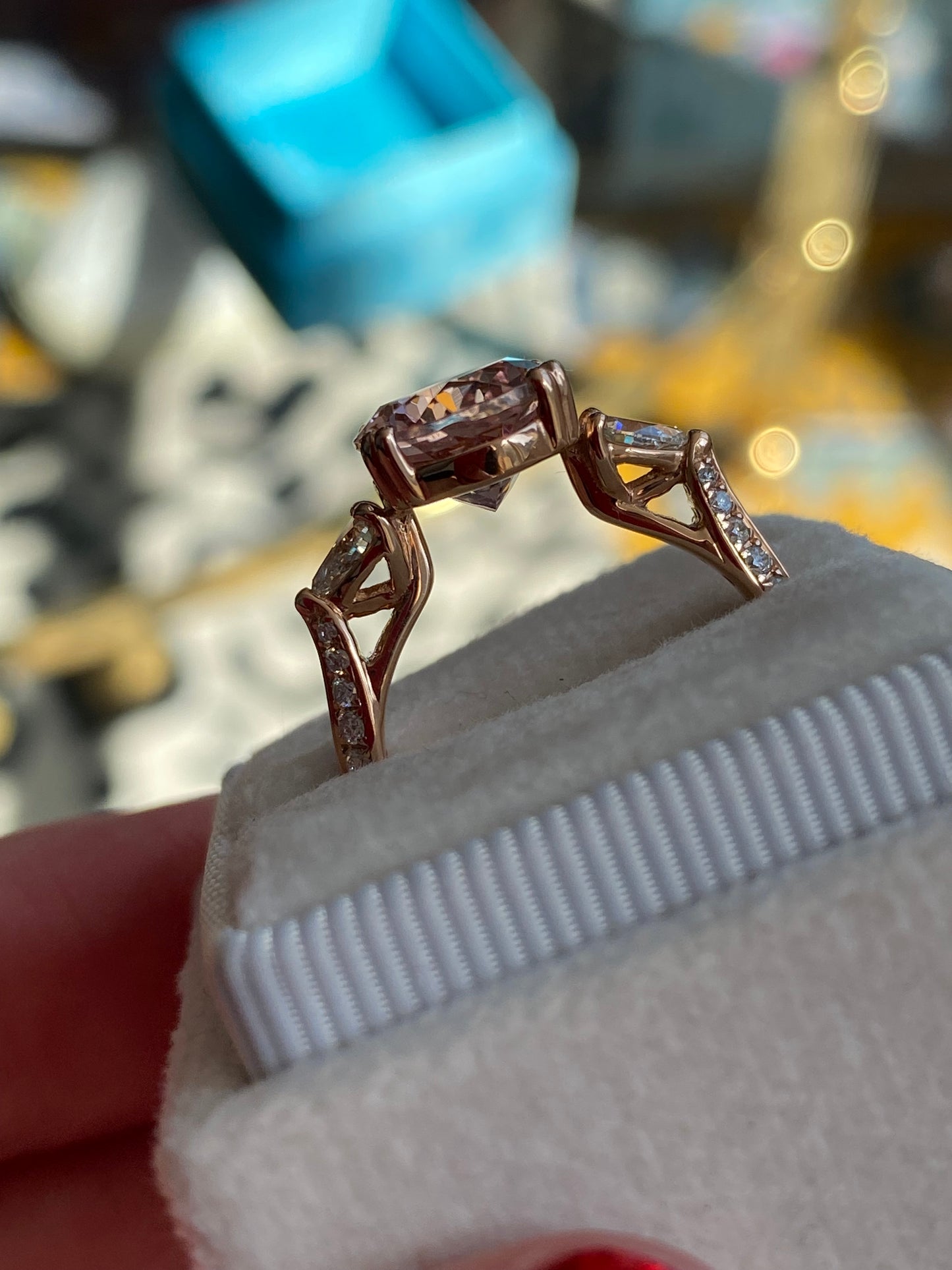 3.04 Carat Morganite and Natural Diamonds Three Stone Engagement Ring in 18ct Rose Gold