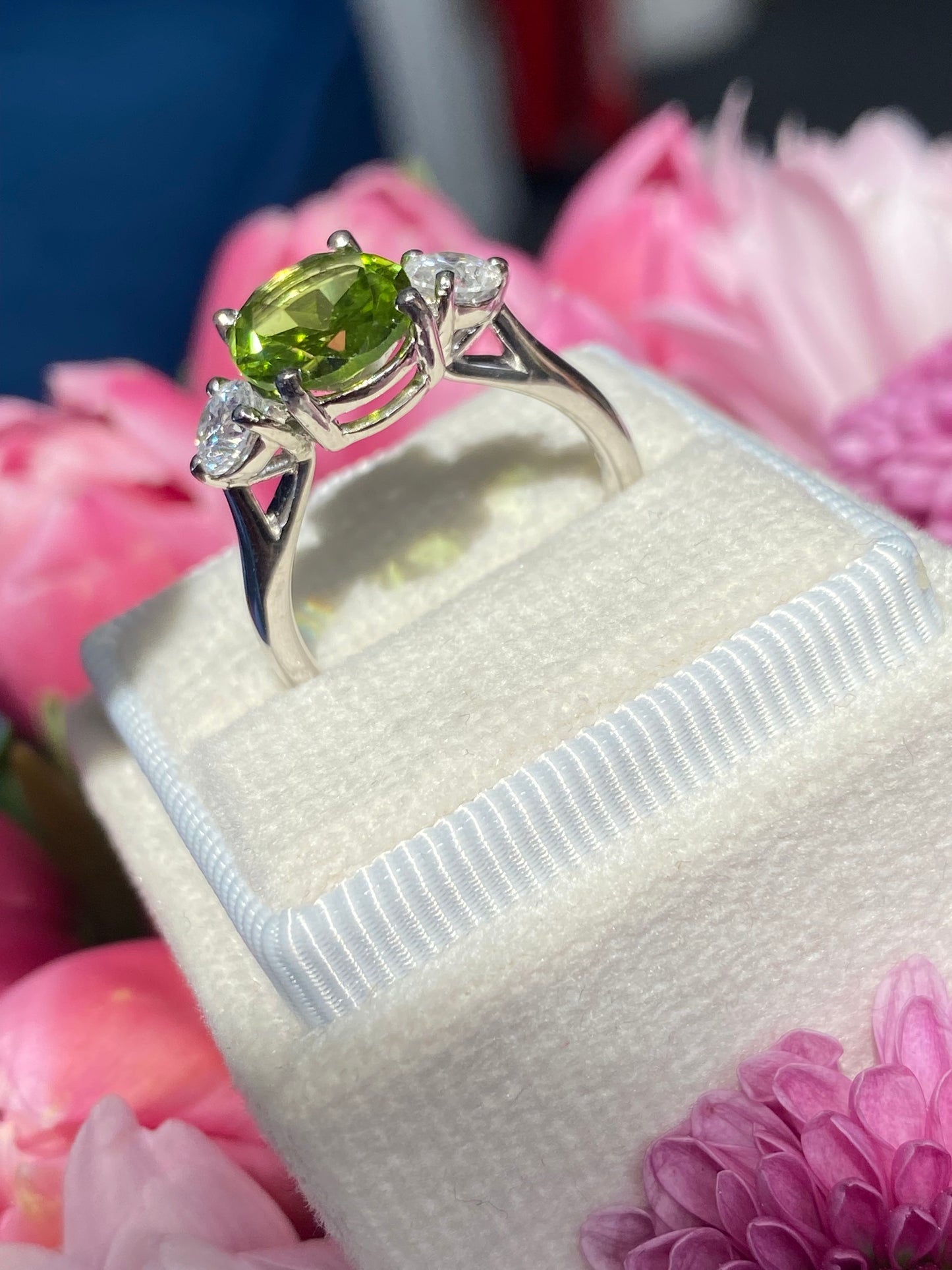 2.61 Carat Peridot and Natural Diamond Three Stone Ring