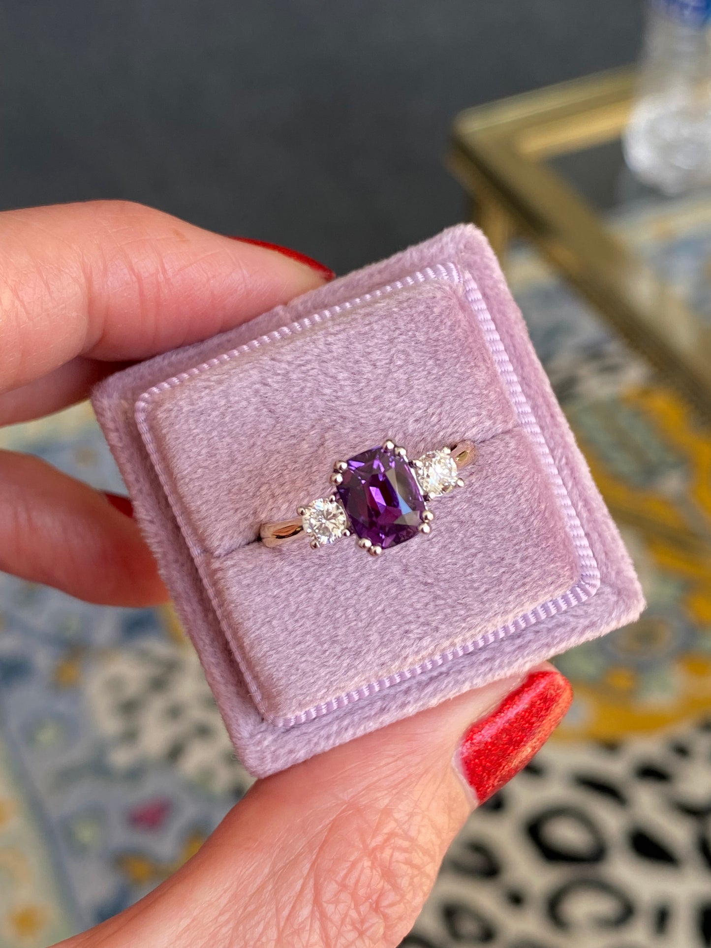 2.16 Carat Purple Sapphire and 0.38ctw Natural Diamond Three Stone Ring in Platinum and 18ct Gold