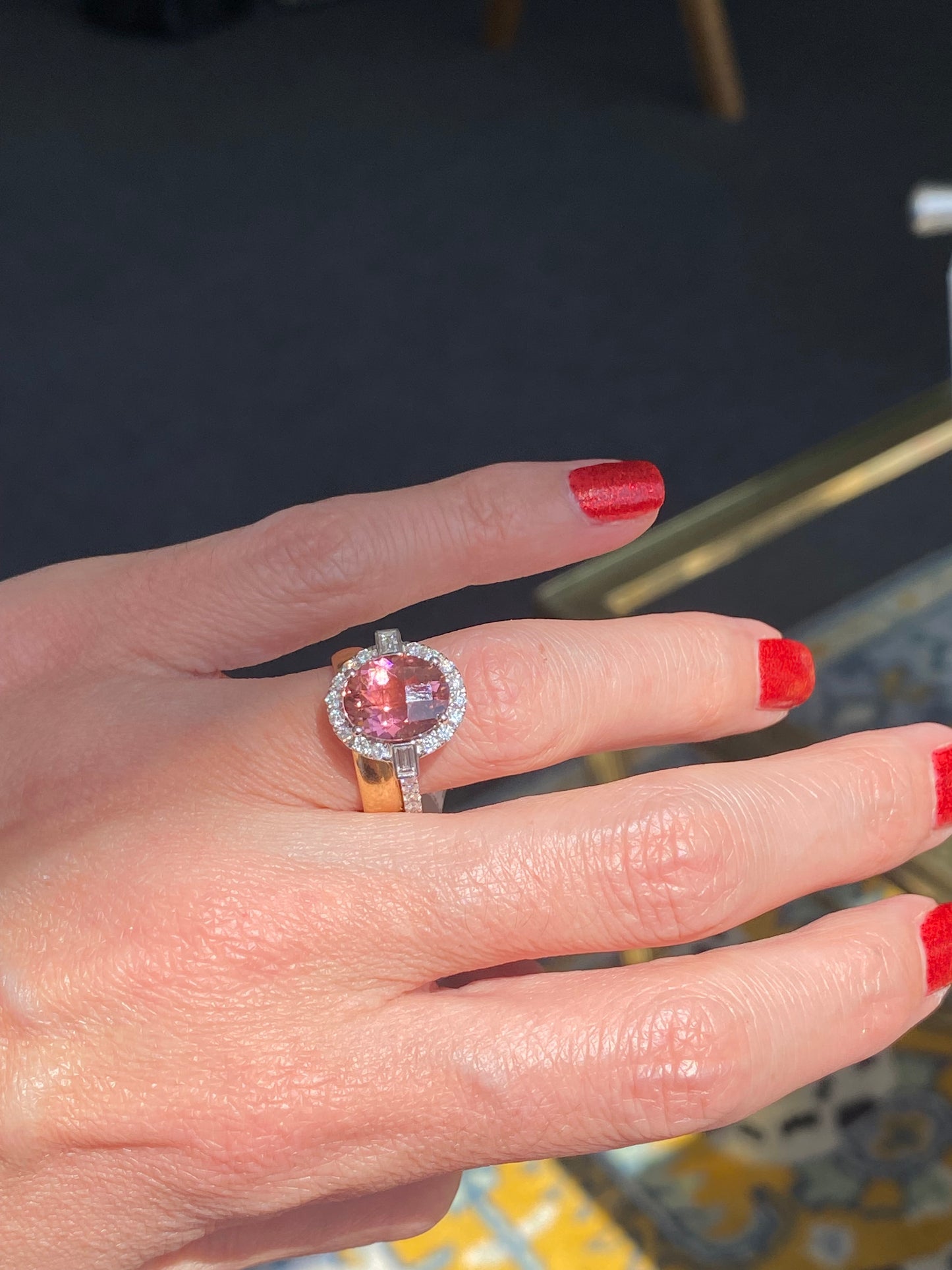 3.47 Carat Chequerboard Cut Pink Tourmaline and Natural Diamond Ring in Platinum