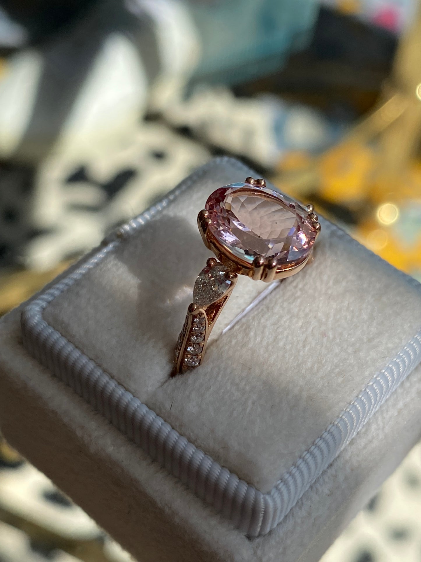 3.04 Carat Morganite and Natural Diamonds Three Stone Engagement Ring in 18ct Rose Gold