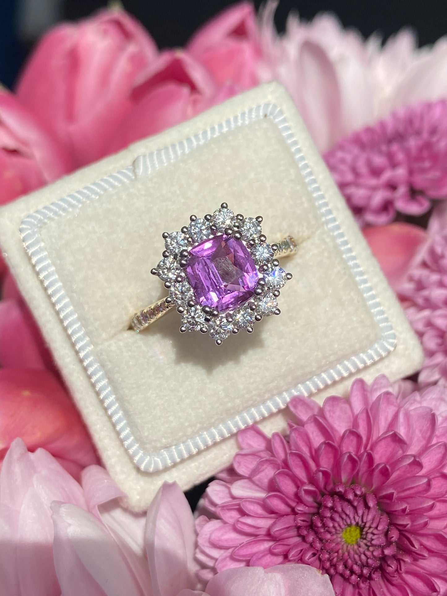 1.65 Carat Purple Sapphire and 0.85ctw Natural Diamond Halo Ring in Platinum and 18ct Gold
