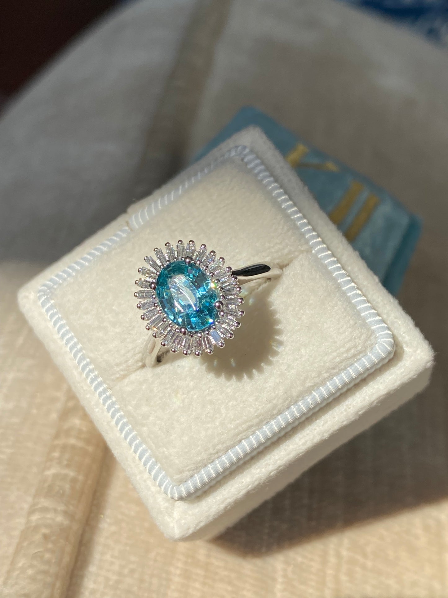 1.70 Carat Blue Zircon and Natural Diamond Starburst Halo Ring in Platinum