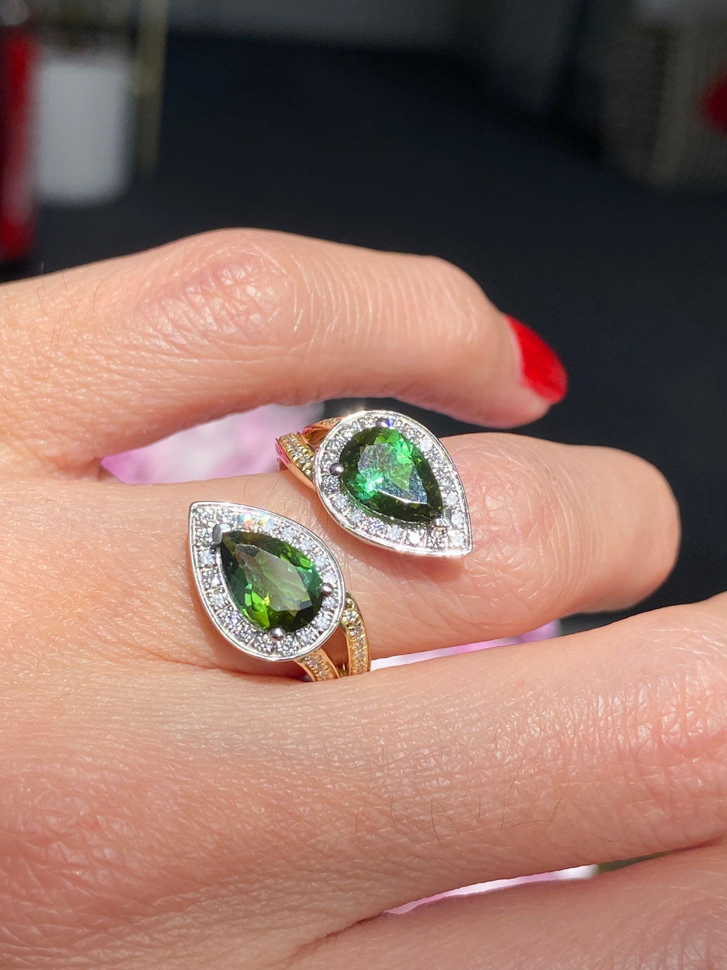 2.60 Carat Green Tourmaline and Diamond Bypass Ring in Platinum and 18ct Yellow Gold