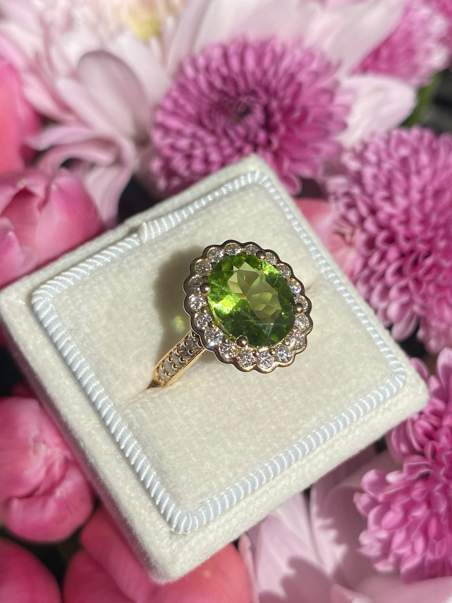 2.96 Carat Peridot and Natural Diamond Halo Ring in 18ct Yellow Gold