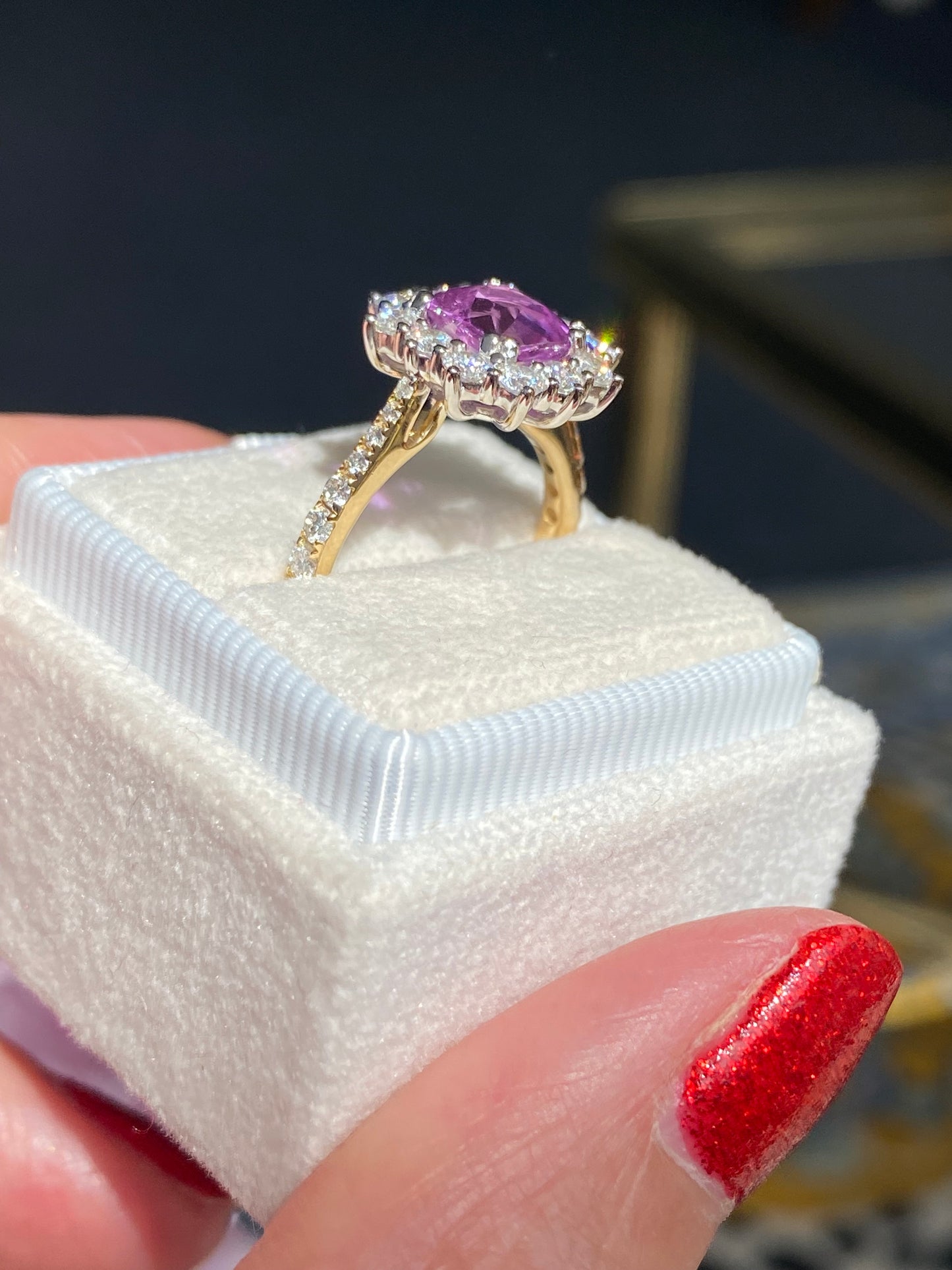 1.65 Carat Purple Sapphire and 0.85ctw Natural Diamond Halo Ring in Platinum and 18ct Gold