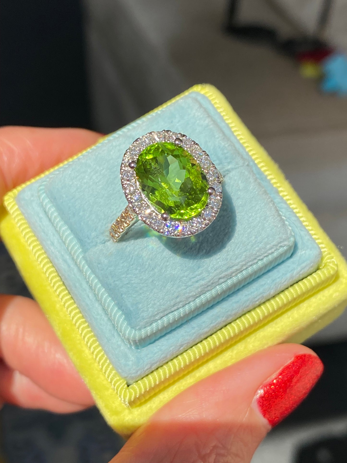 5.22 Carat Peridot and 0.97ctw Natural Diamond Ring in Platinum and 18ct Yellow Gold