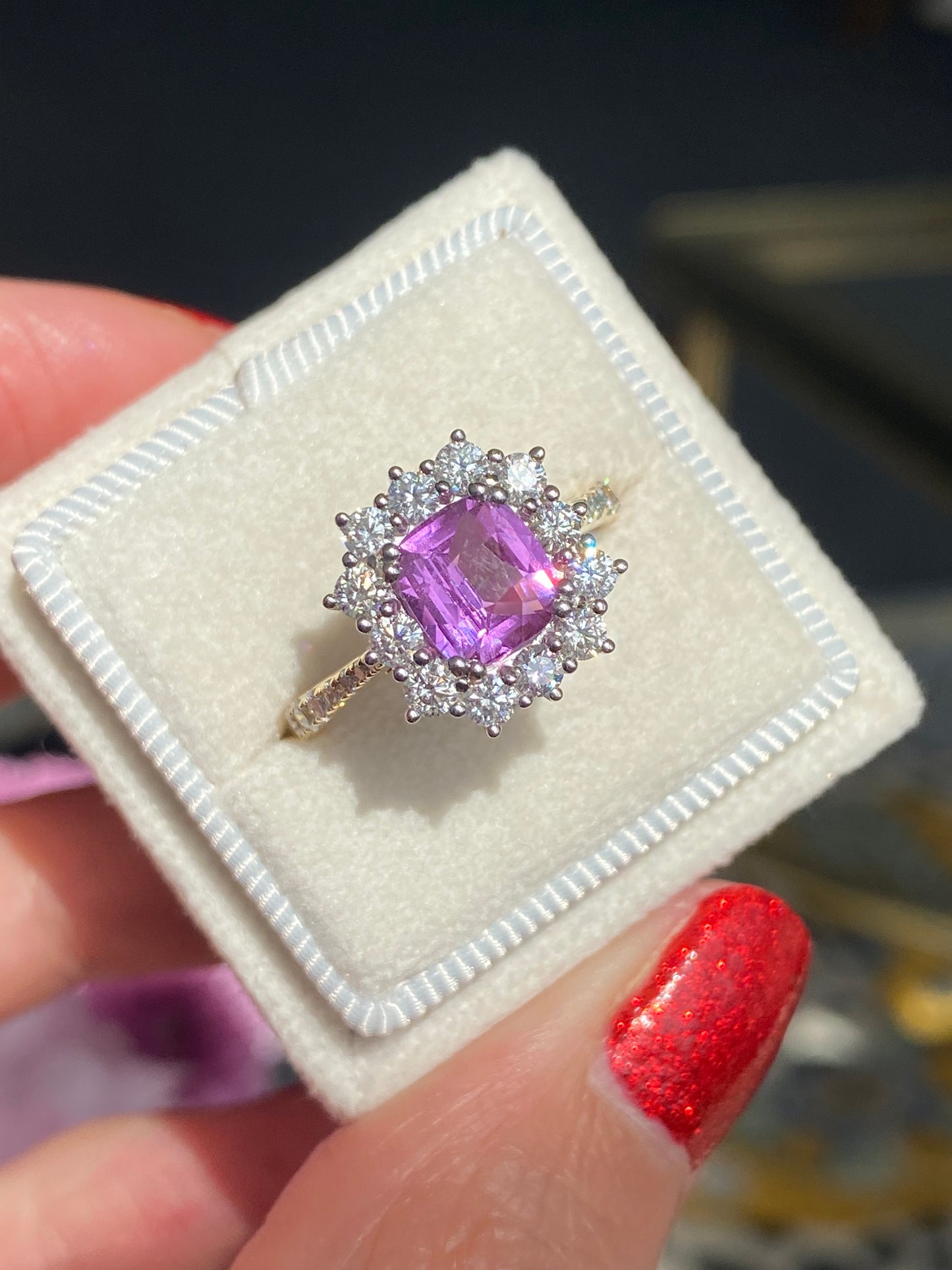 1.65 Carat Purple Sapphire and 0.85ctw Natural Diamond Halo Ring in Platinum and 18ct Gold