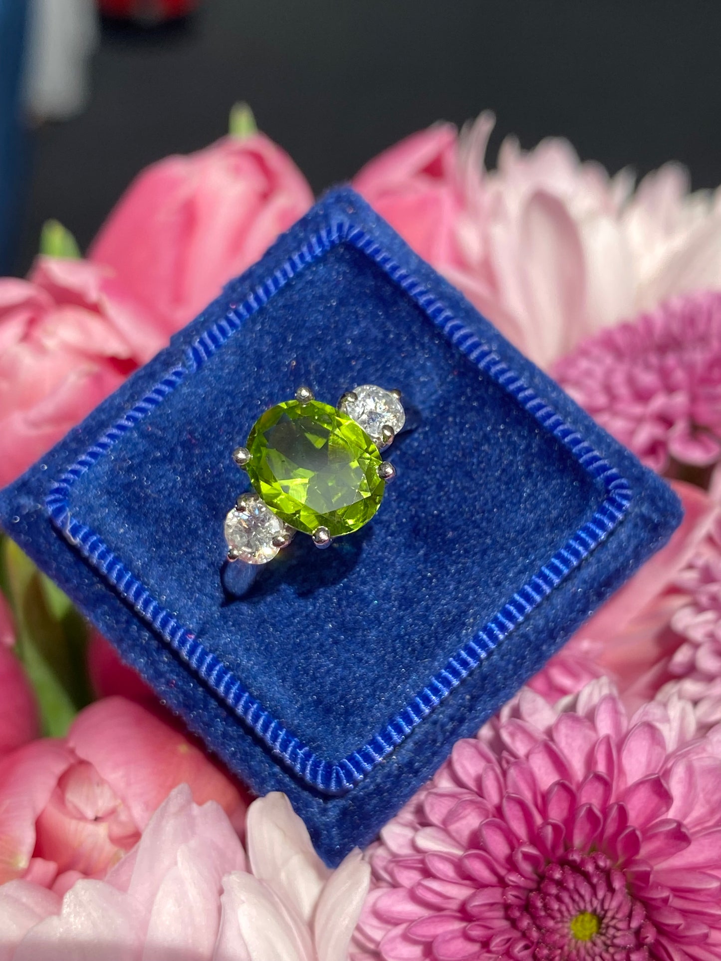 2.61 Carat Peridot and Natural Diamond Three Stone Ring