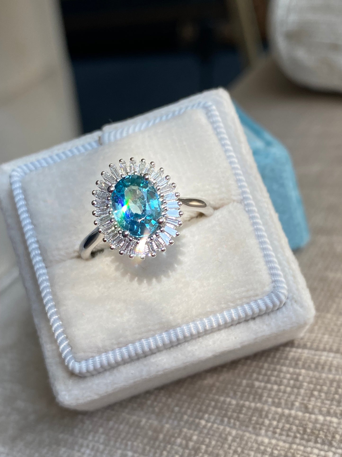 1.70 Carat Blue Zircon and Natural Diamond Starburst Halo Ring in Platinum