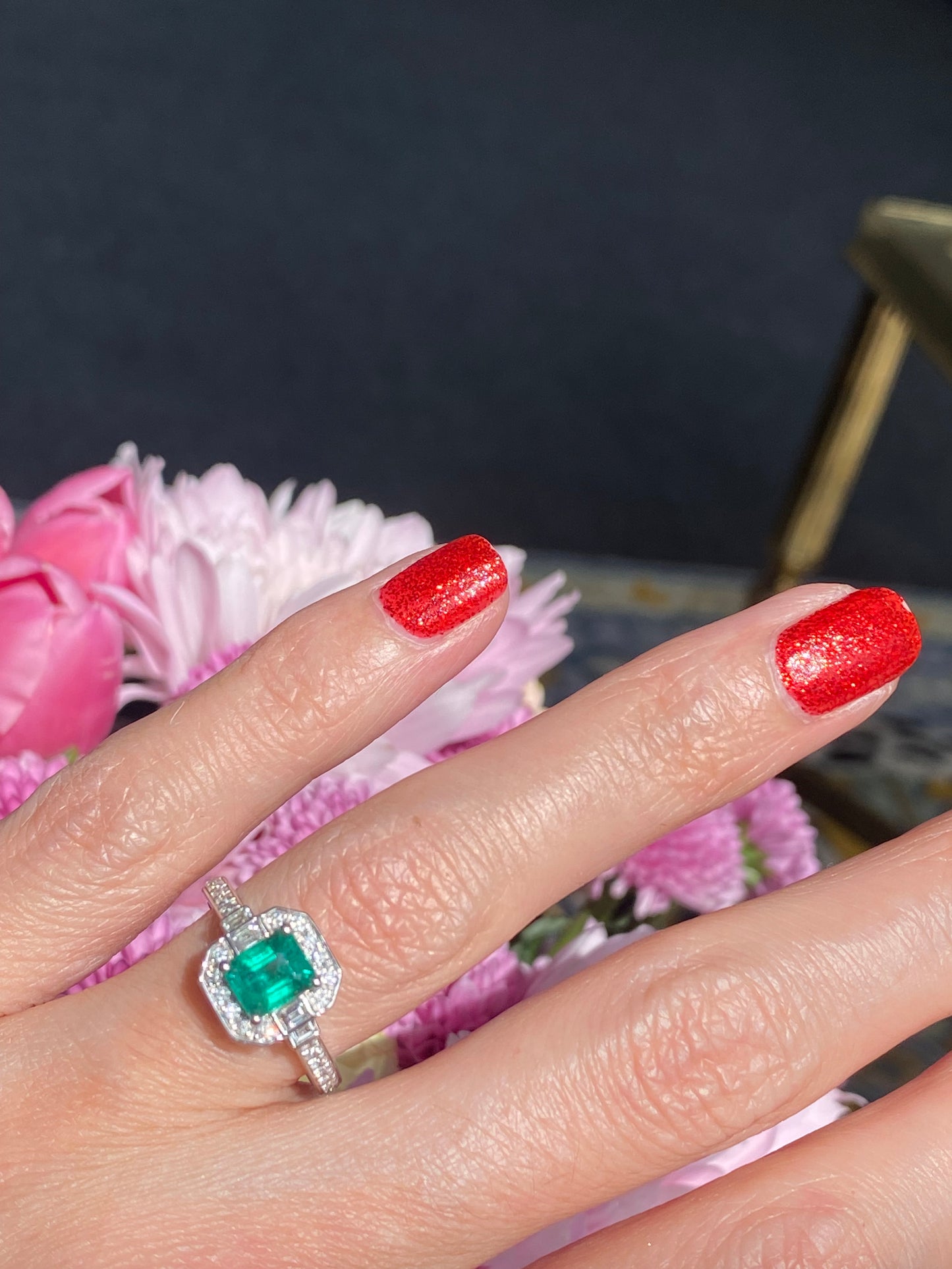 0.87 Carat Colombian Emerald and 0.46 ctw Natural Diamond Ring in Platinum