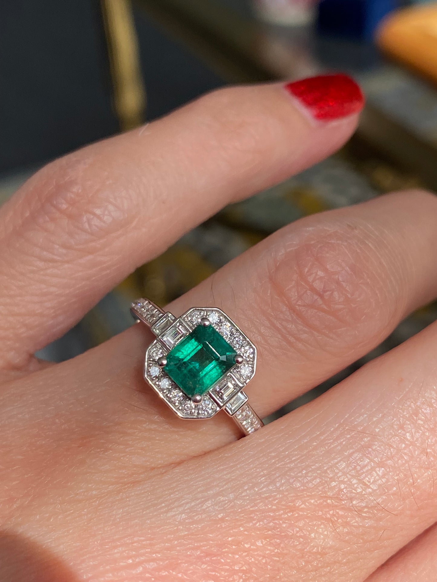 0.87 Carat Colombian Emerald and 0.46 ctw Natural Diamond Ring in Platinum
