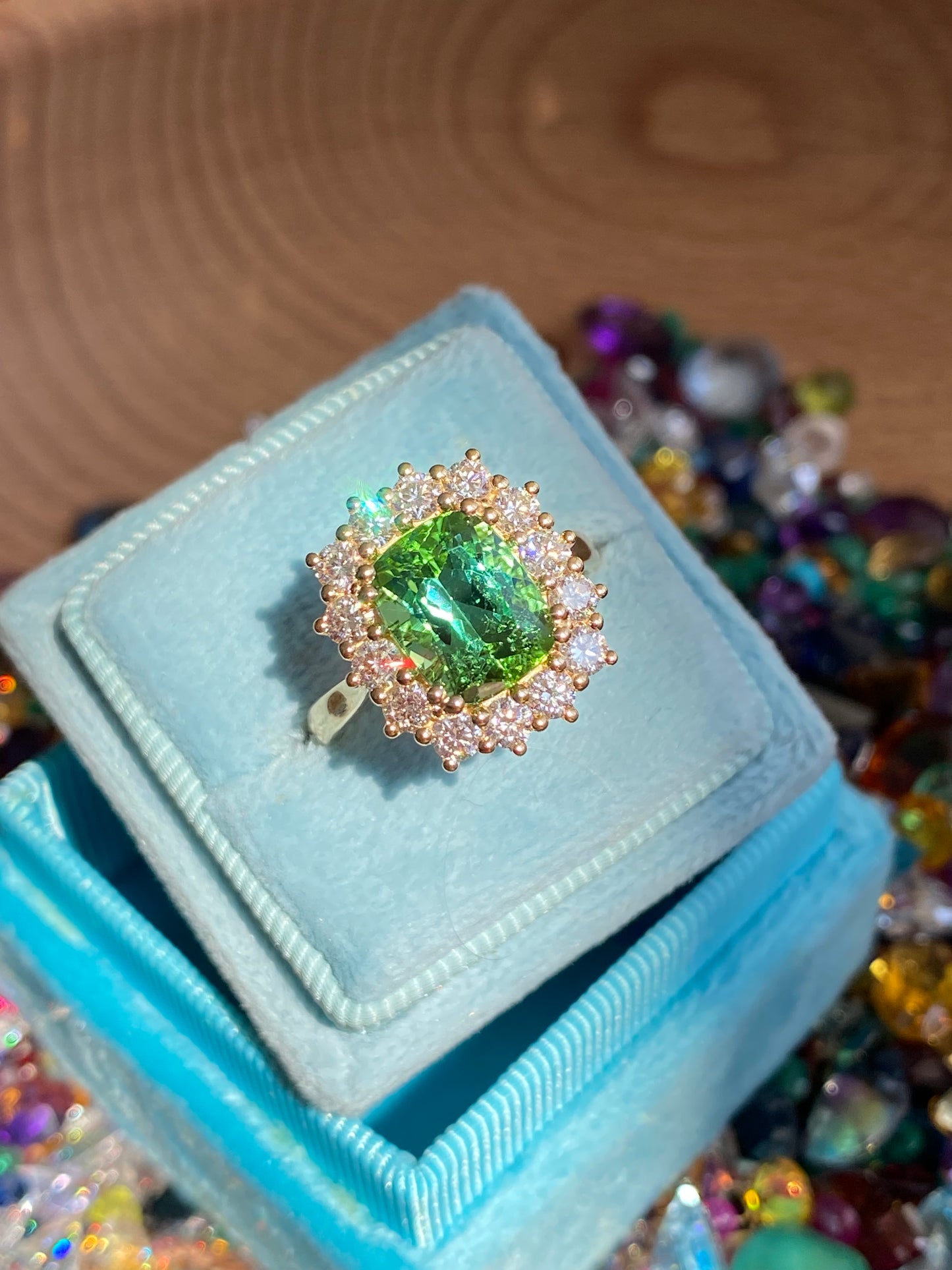 3.02 Carat Green Tourmaline and Natural Diamond Ring in 18ct Yellow Gold