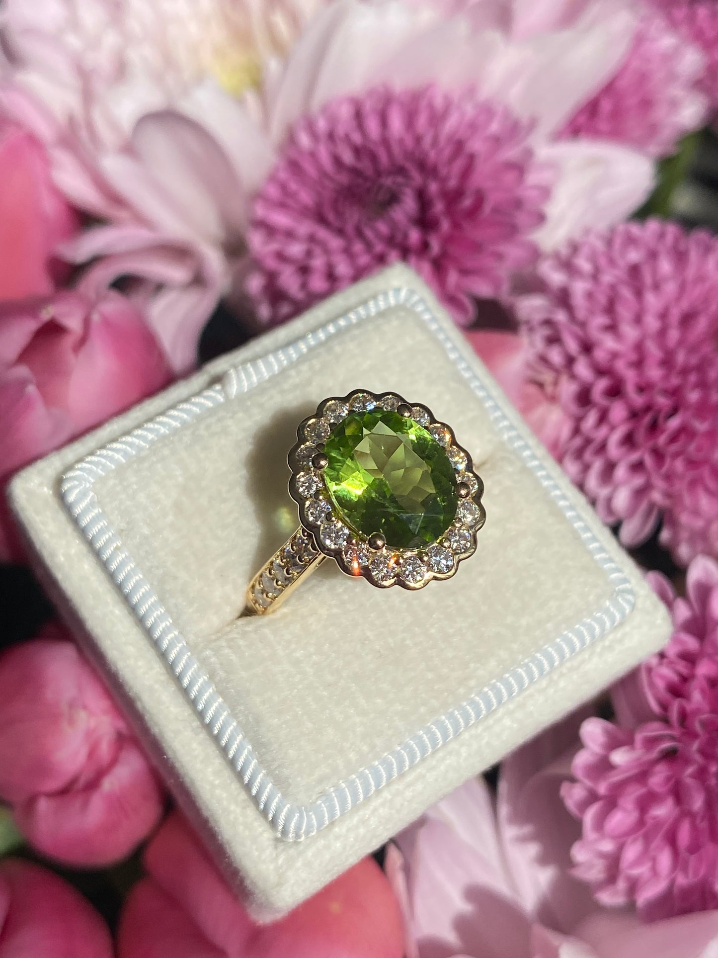 2.96 Carat Peridot and Natural Diamond Halo Ring in 18ct Yellow Gold