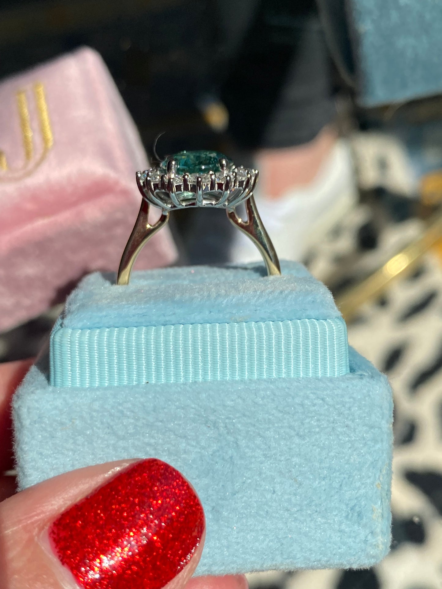 3.06 Carat Blue Tourmaline and Natural Diamond Halo Ring in Platinum and 18ct Yellow Gold