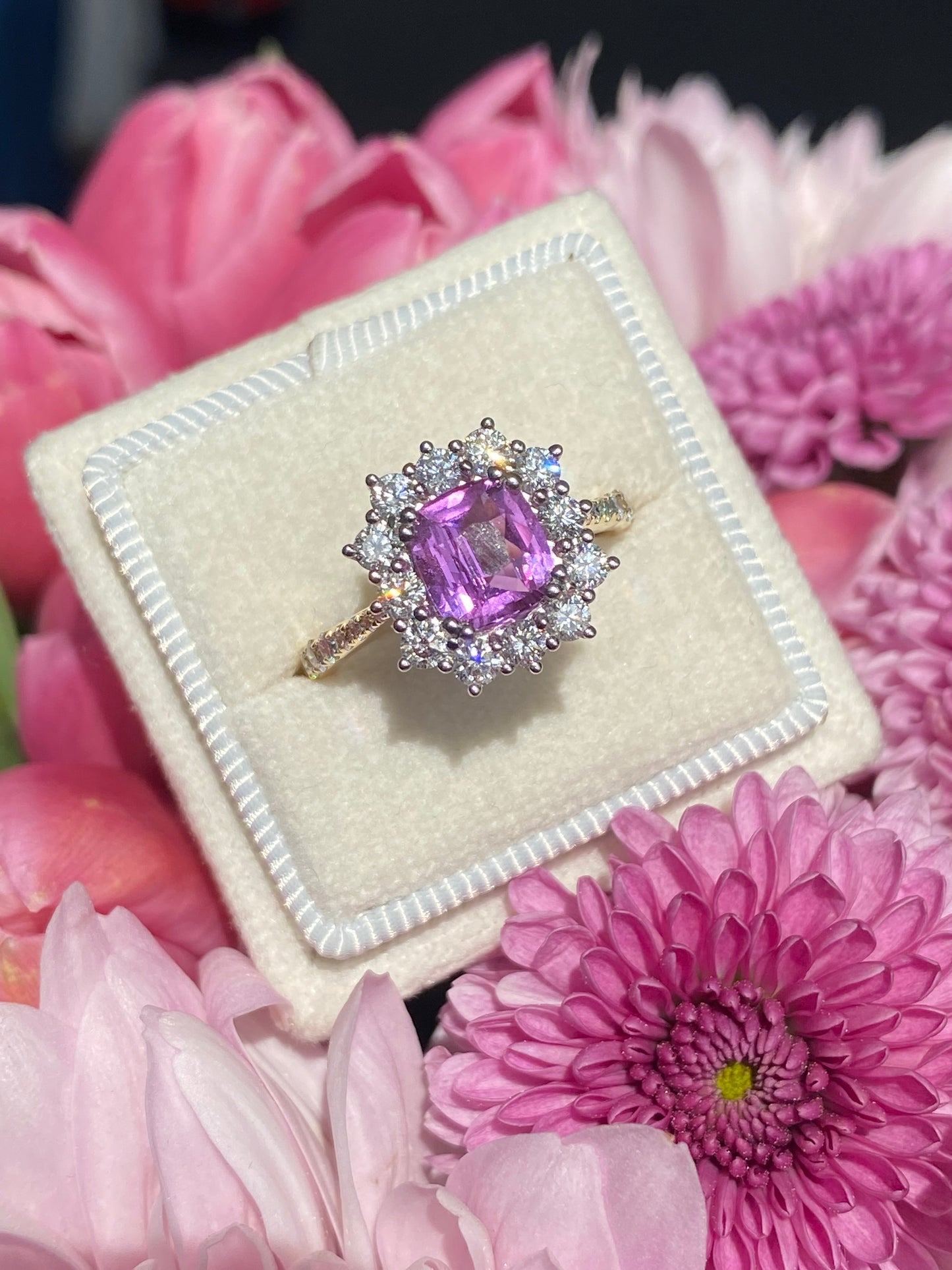 1.65 Carat Purple Sapphire and 0.85ctw Natural Diamond Halo Ring in Platinum and 18ct Gold