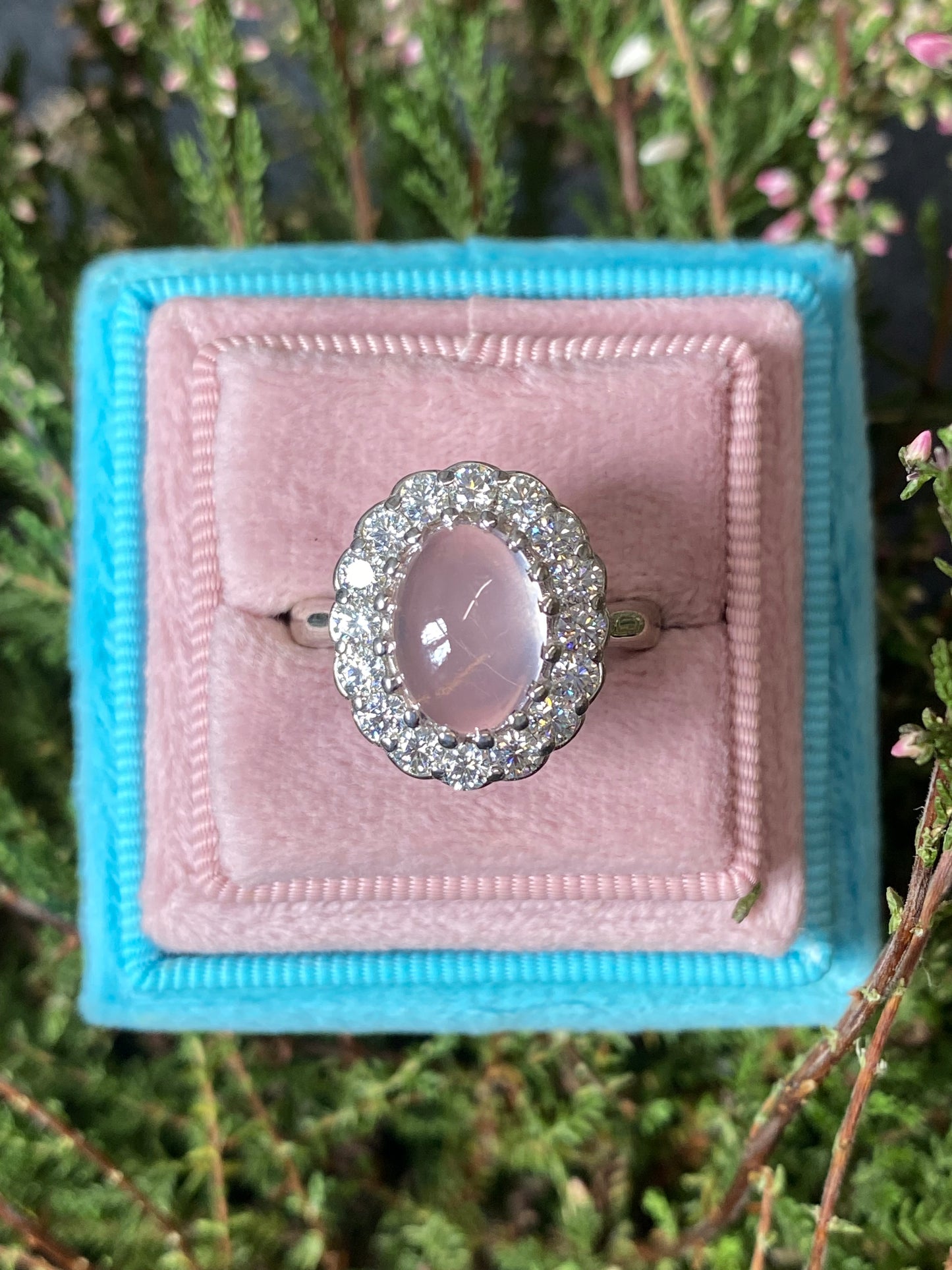 4.50 CTW Oval Cabochon Cut Rose Quartz and Moissanite Halo Cocktail Ring