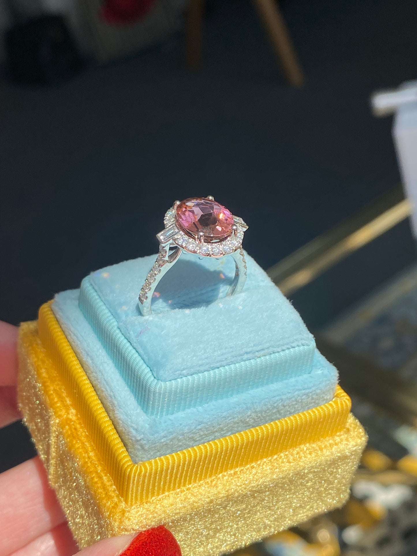 3.47 Carat Chequerboard Cut Pink Tourmaline and Natural Diamond Ring in Platinum