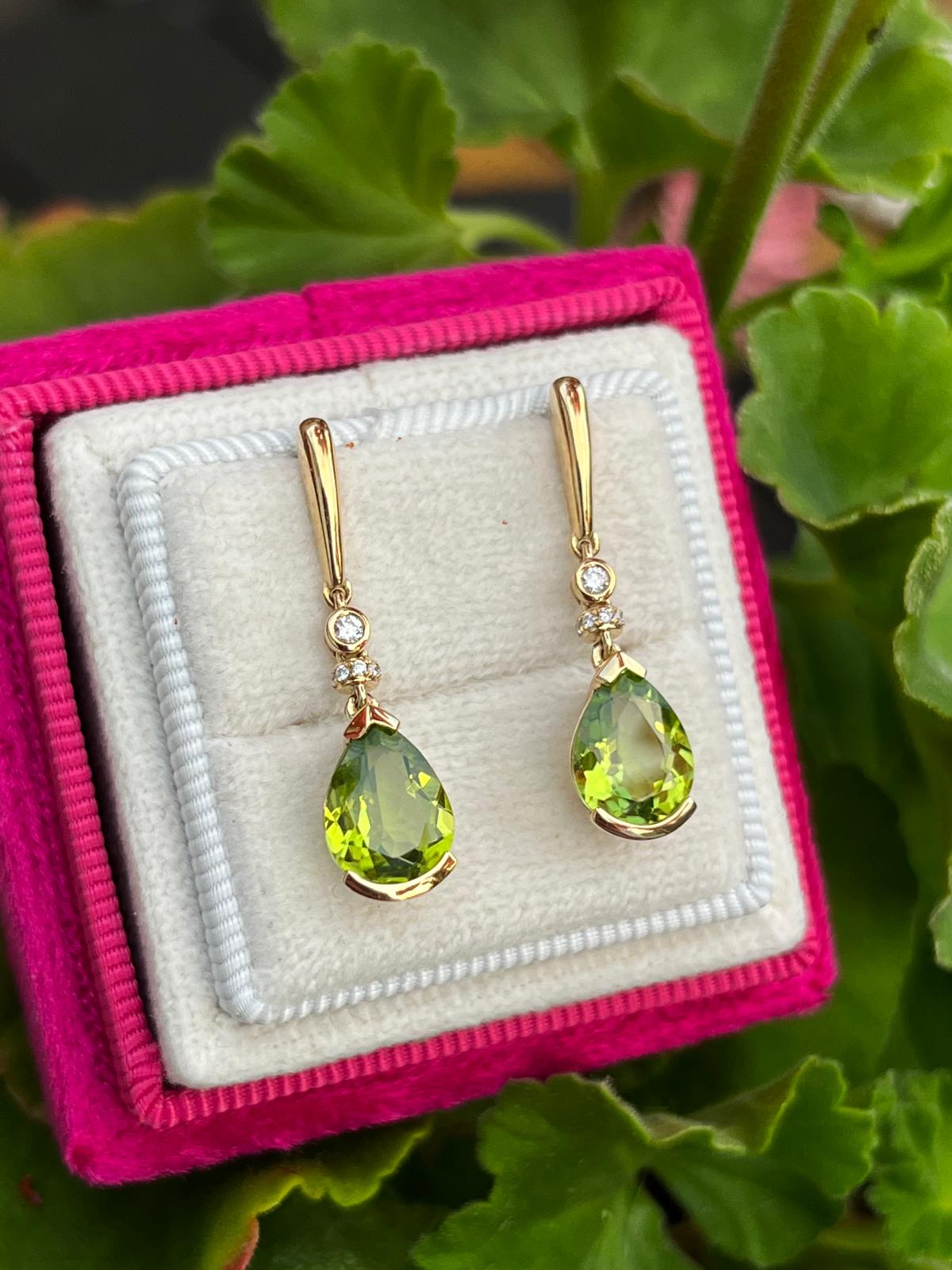 3.39 CTW Peridot and Diamond Drop Earrings in 18ct Yellow Gold