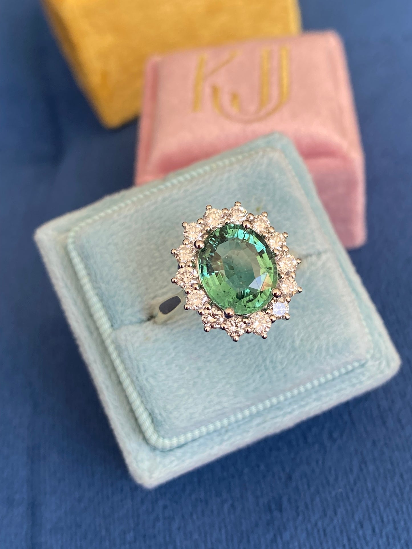 3.06 Carat Blue Tourmaline and Natural Diamond Halo Ring in Platinum and 18ct Yellow Gold