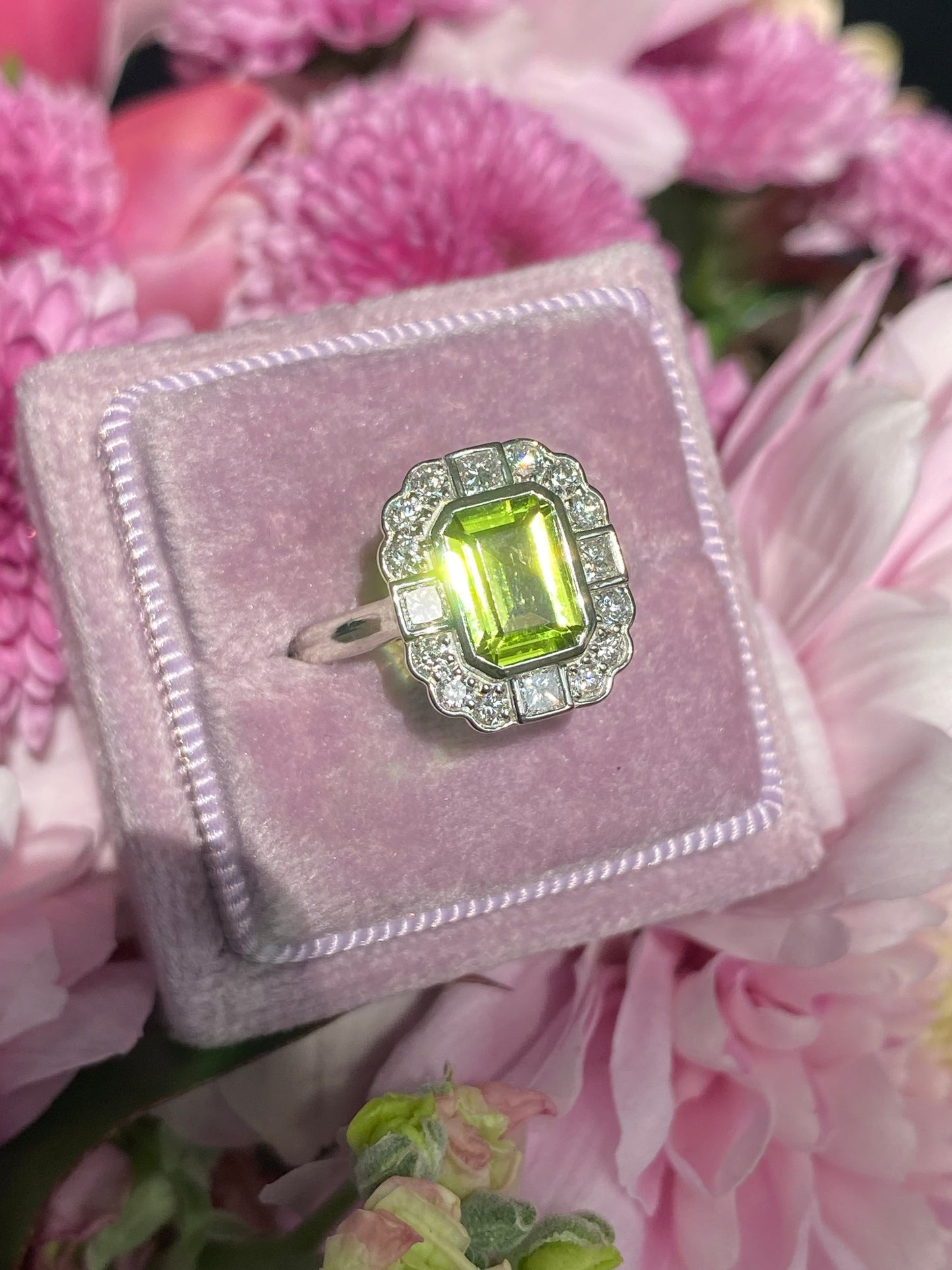 1.32 Carat Peridot and Natural Diamond Ring in Platinum
