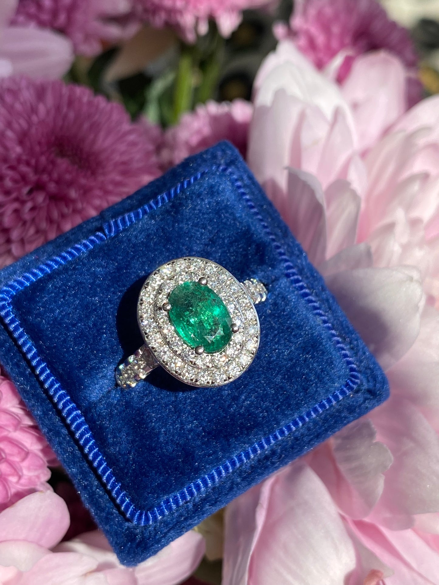 2.22 Ctw Emerald and Natural Diamond Double Halo Ring in Platinum