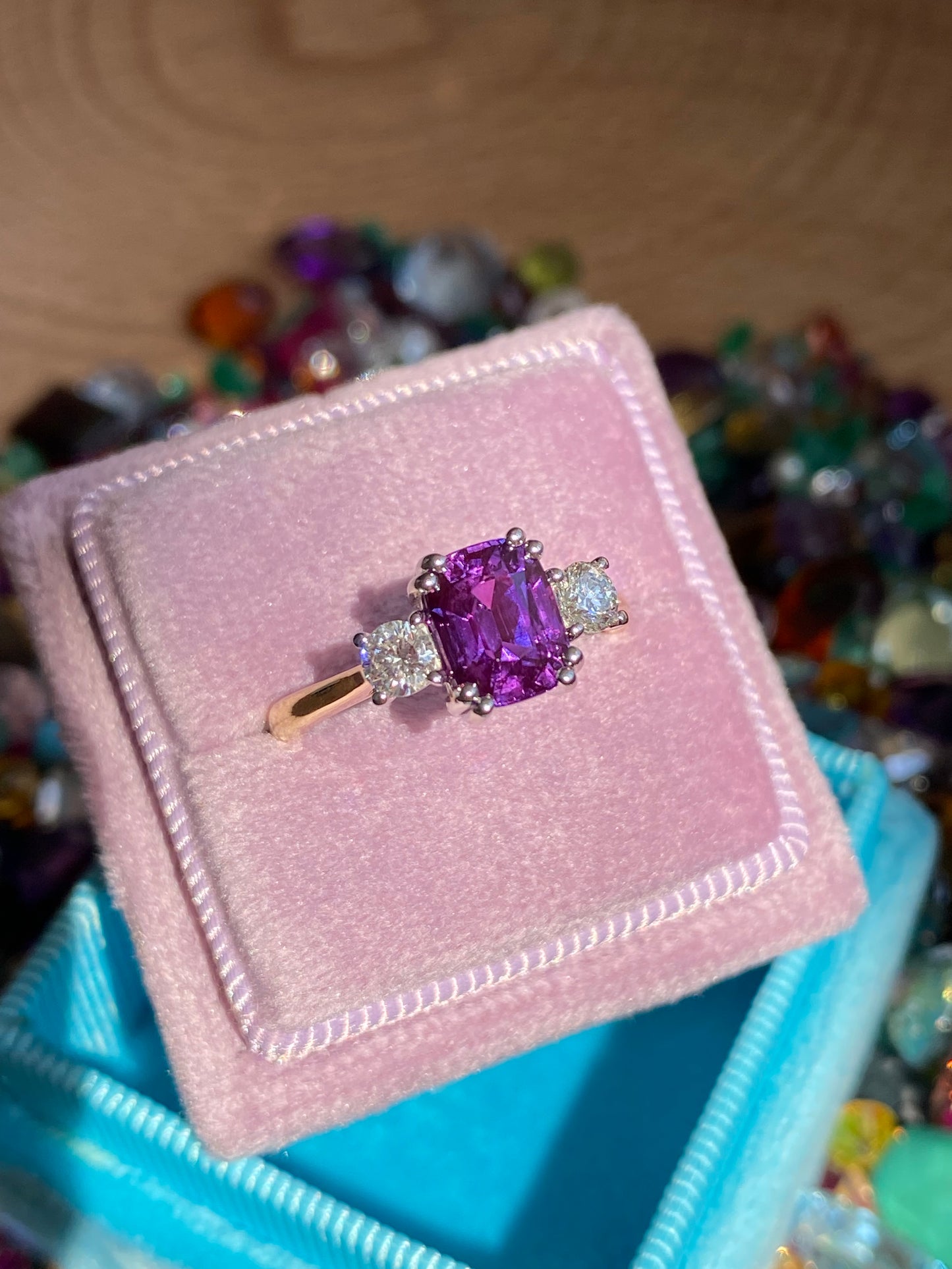2.16 Carat Purple Sapphire and 0.38ctw Natural Diamond Three Stone Ring in Platinum and 18ct Gold