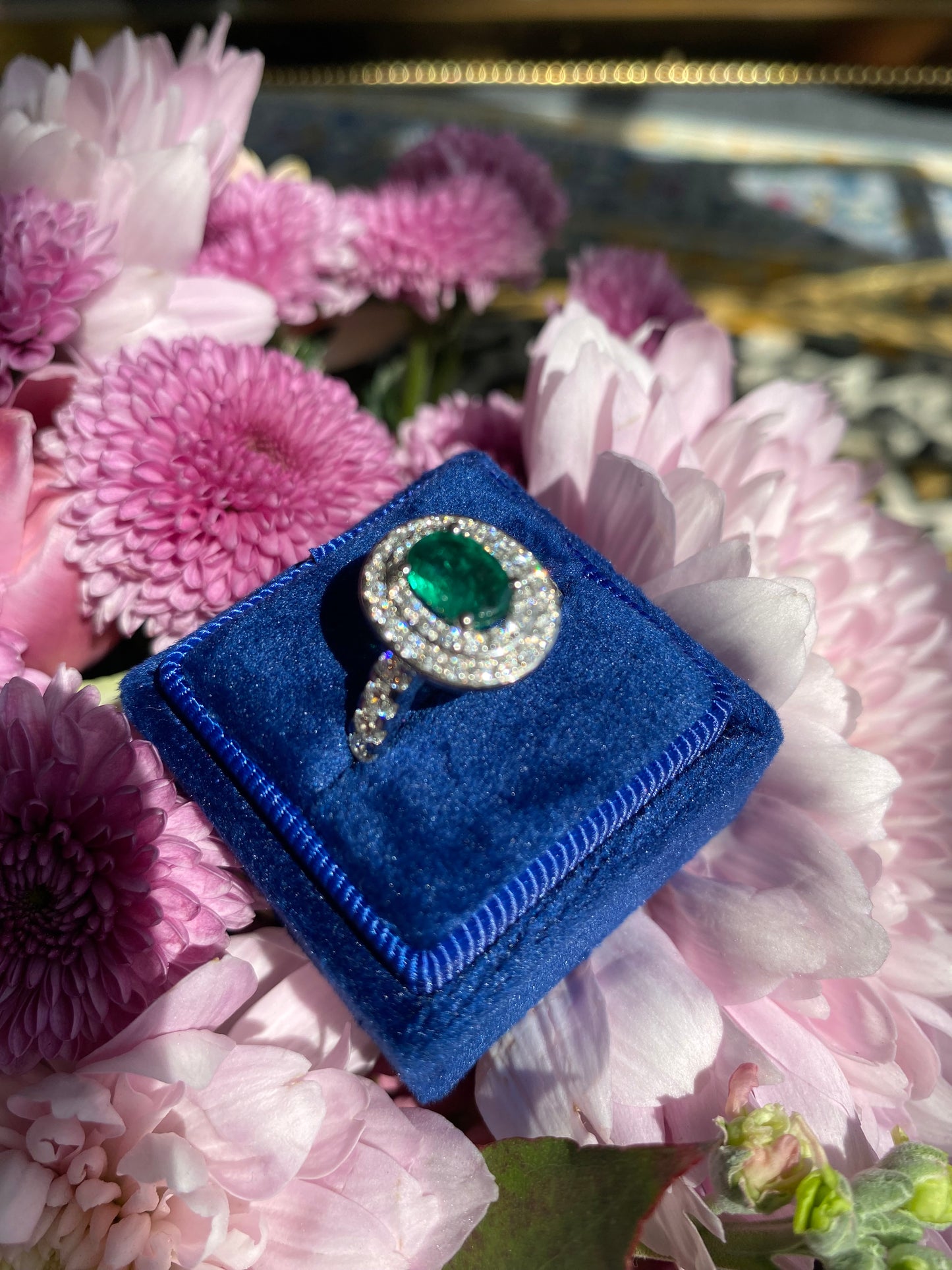 2.22 Ctw Emerald and Natural Diamond Double Halo Ring in Platinum
