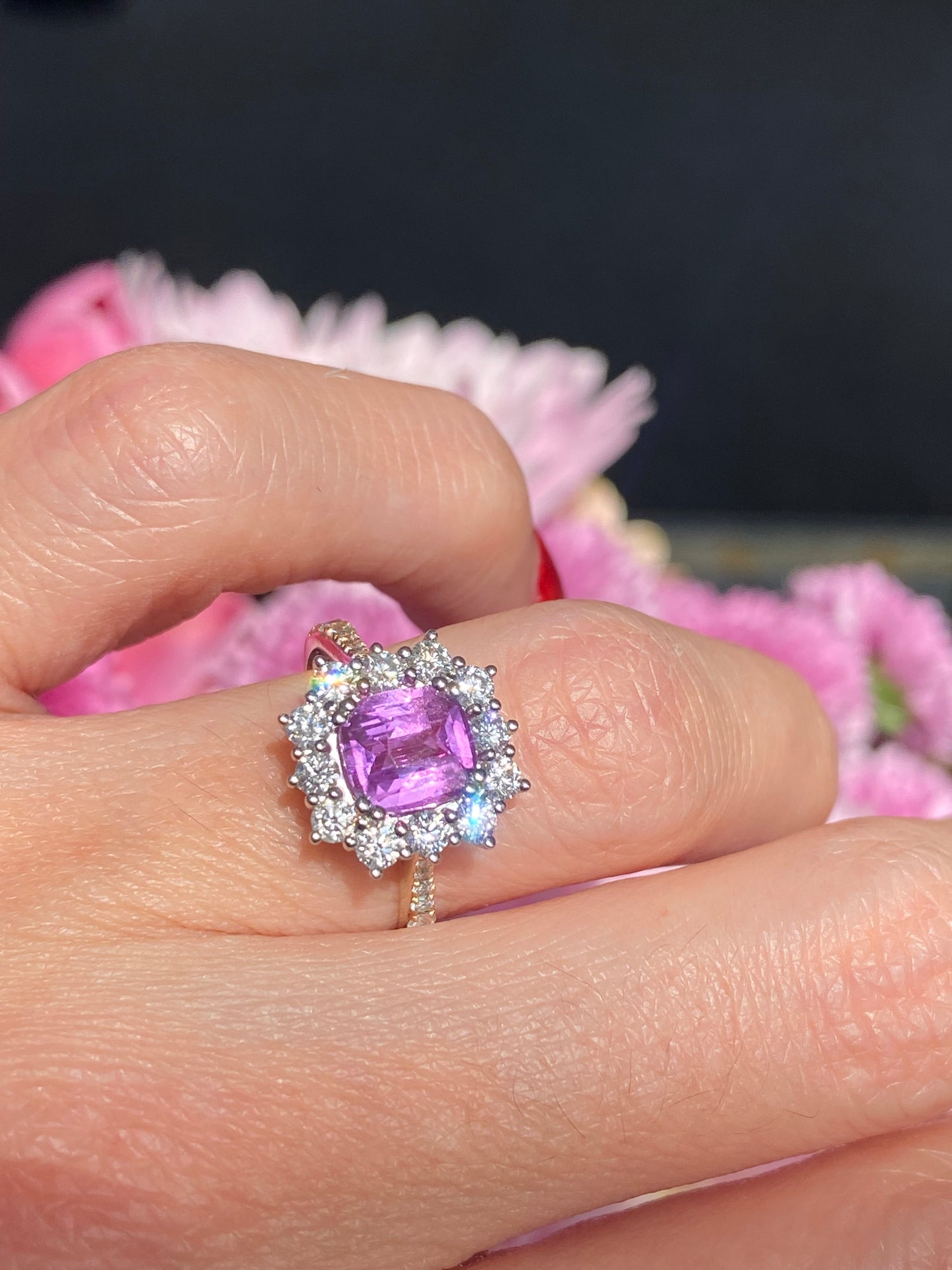 1.65 Carat Purple Sapphire and 0.85ctw Natural Diamond Halo Ring in Platinum and 18ct Gold