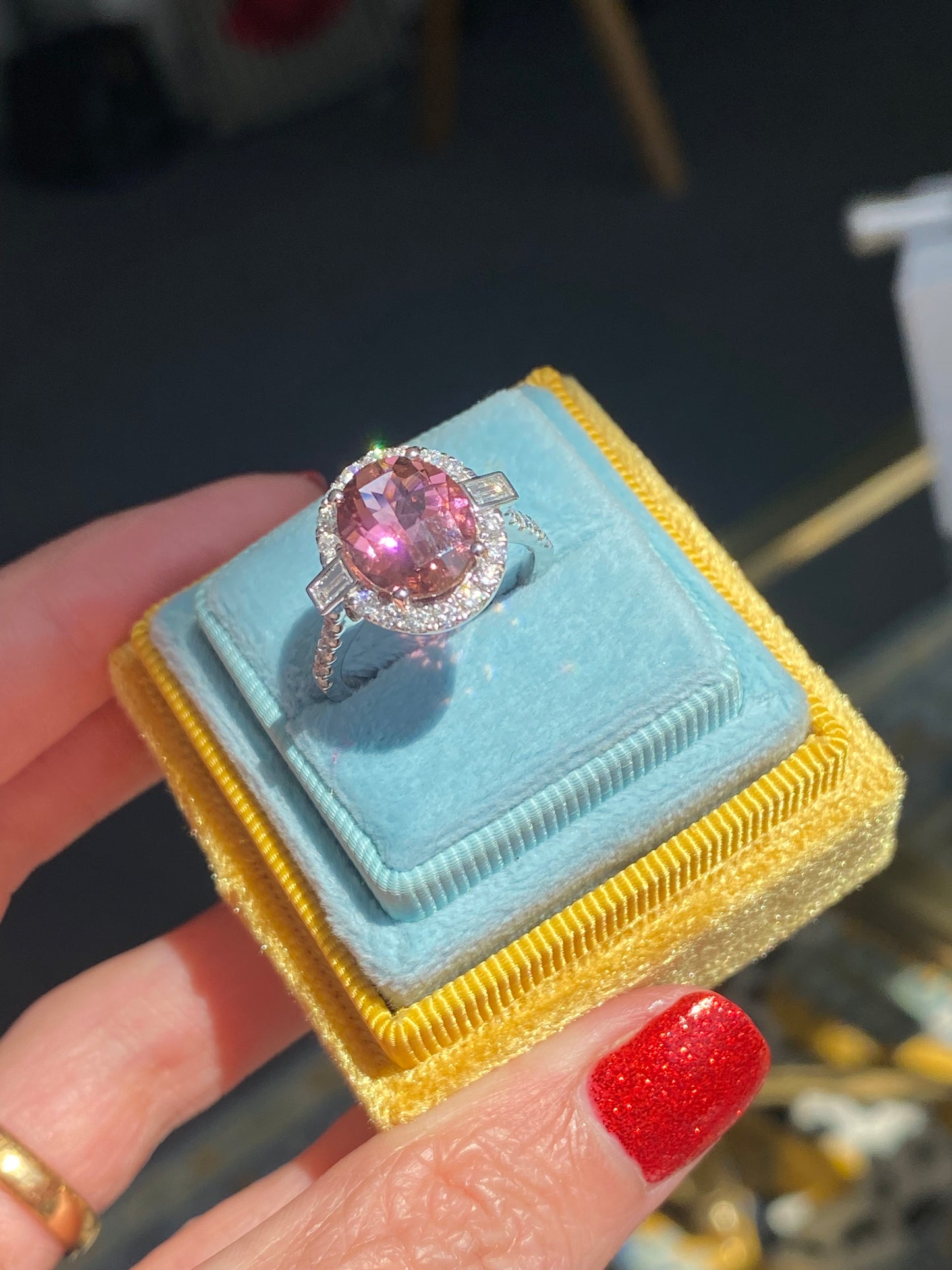 3.47 Carat Chequerboard Cut Pink Tourmaline and Natural Diamond Ring in Platinum