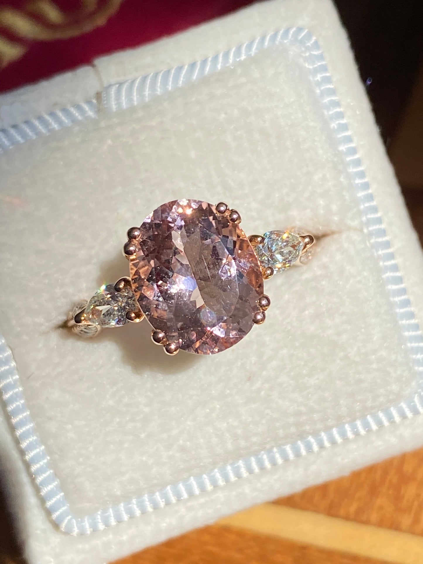 3.04 Carat Morganite and Natural Diamonds Three Stone Engagement Ring in 18ct Rose Gold
