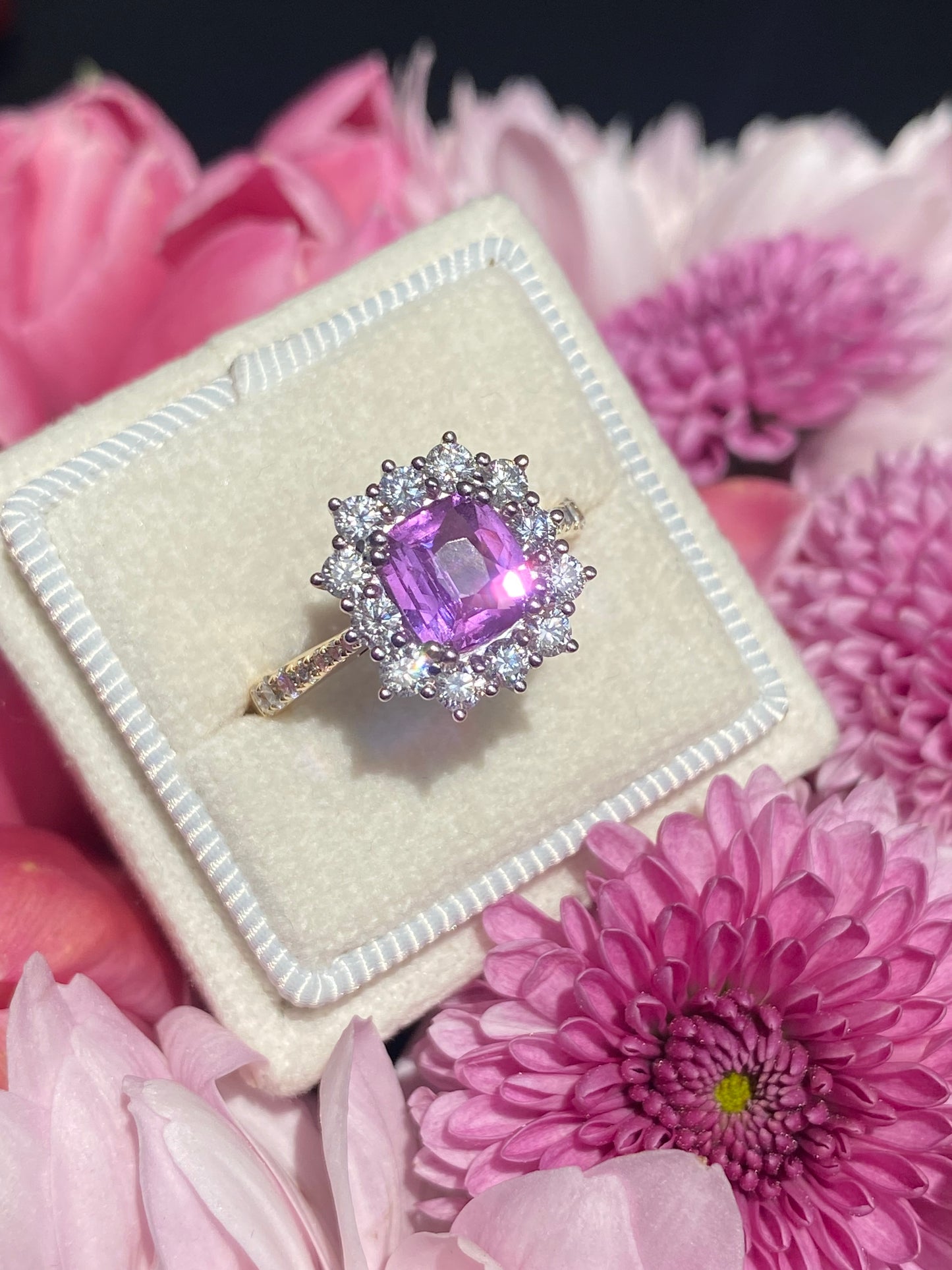 1.65 Carat Purple Sapphire and 0.85ctw Natural Diamond Halo Ring in Platinum and 18ct Gold
